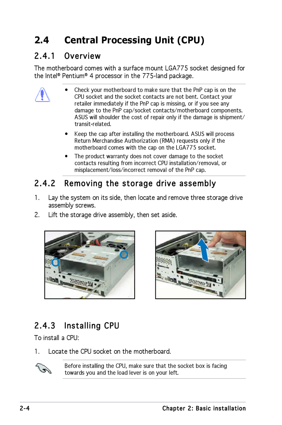 Asus P1P5945GCBLK manual Central Processing Unit CPU, Overview, Removing the storage drive assembly, Installing CPU 