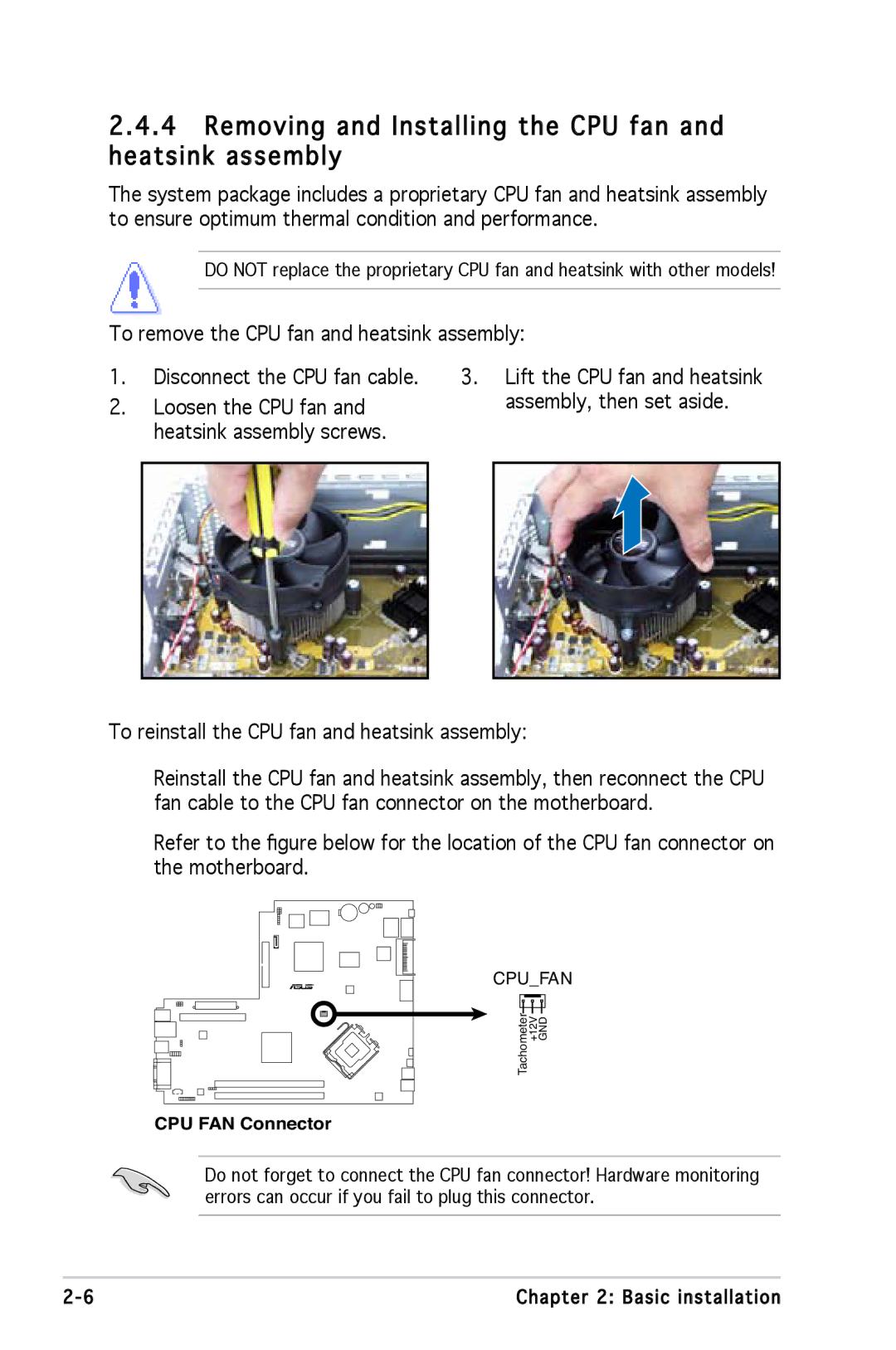 Asus P1P5945GCBLK manual Removing and Installing the CPU fan and heatsink assembly 