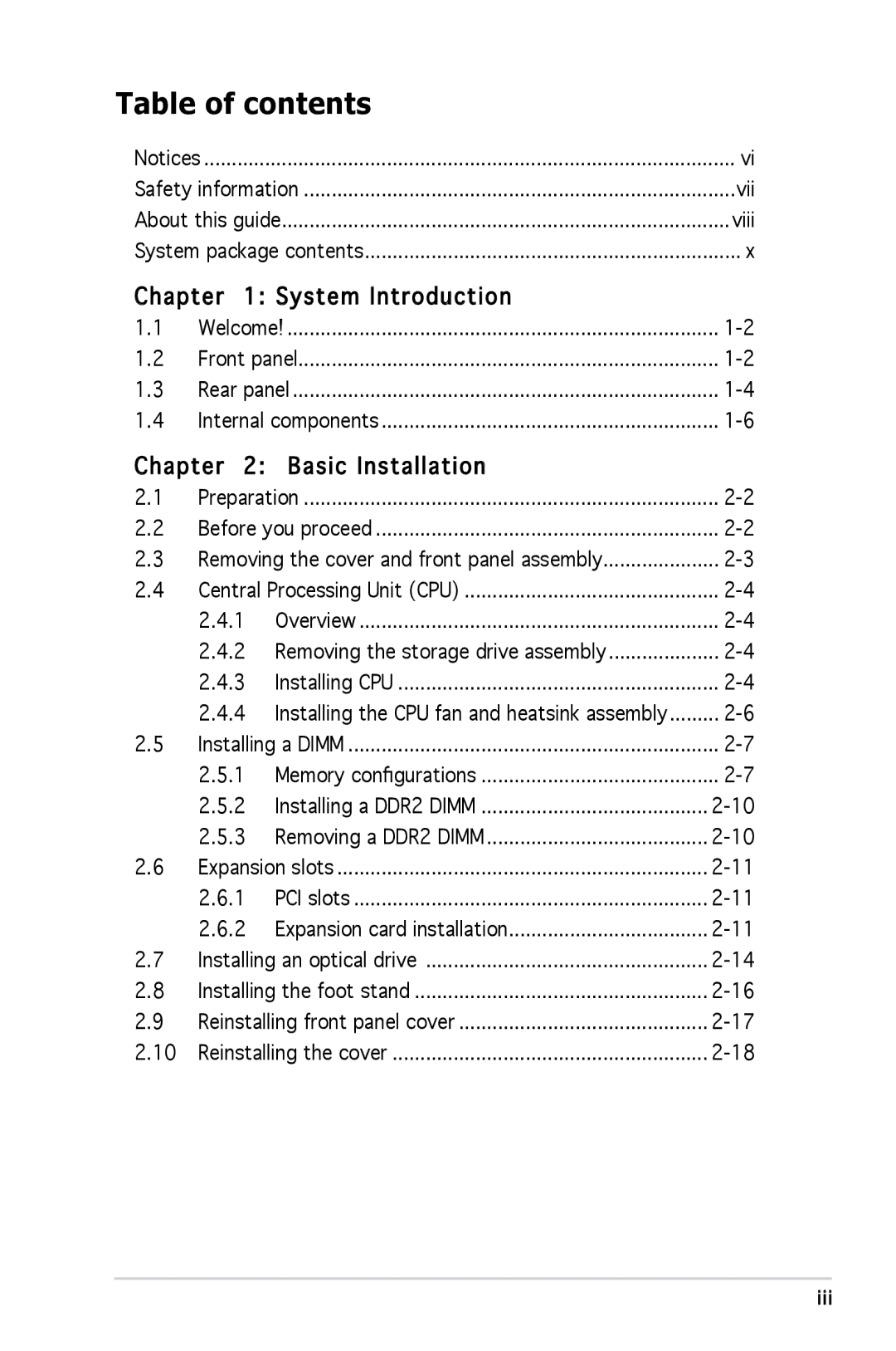 Asus P1P5945GCBLK manual Table of contents 