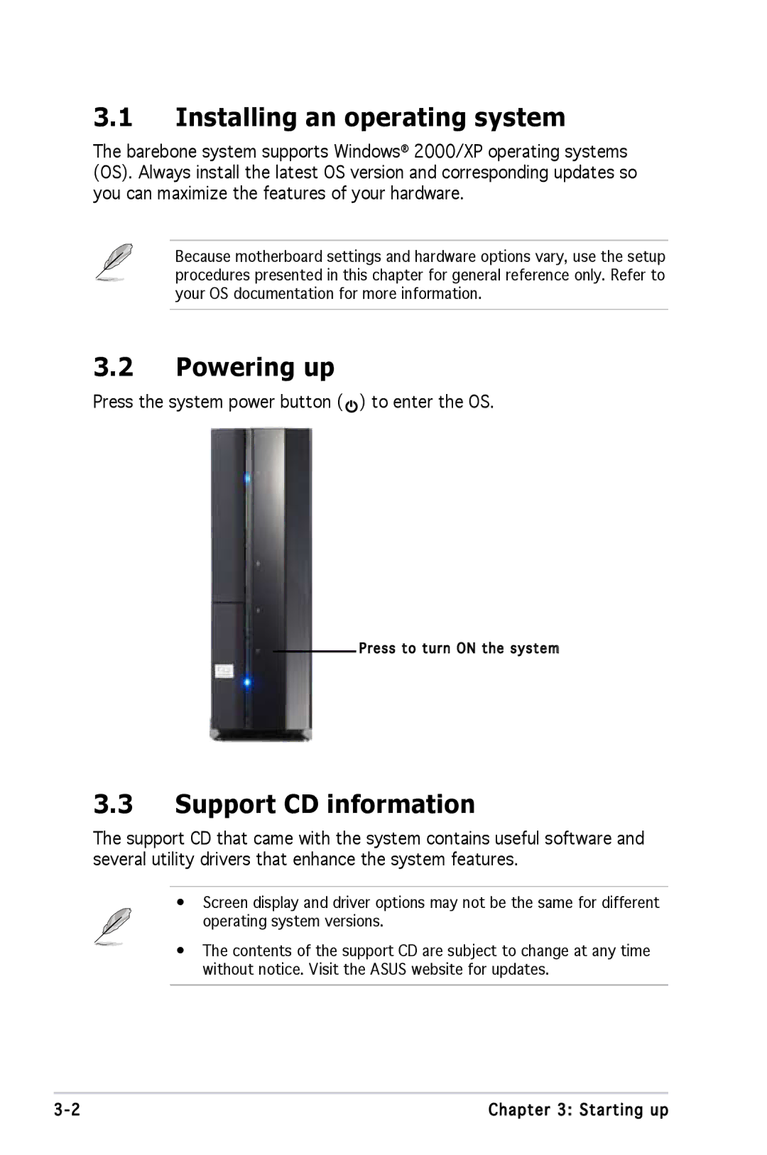 Asus P1P5945GCBLK manual Installing an operating system, Powering up, Support CD information 