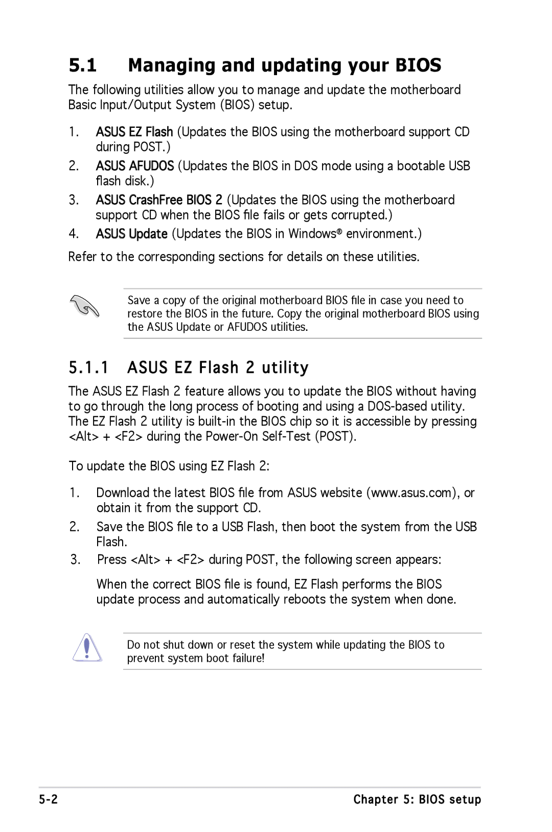 Asus P1P5945GCBLK manual Managing and updating your Bios, Asus EZ Flash 2 utility 