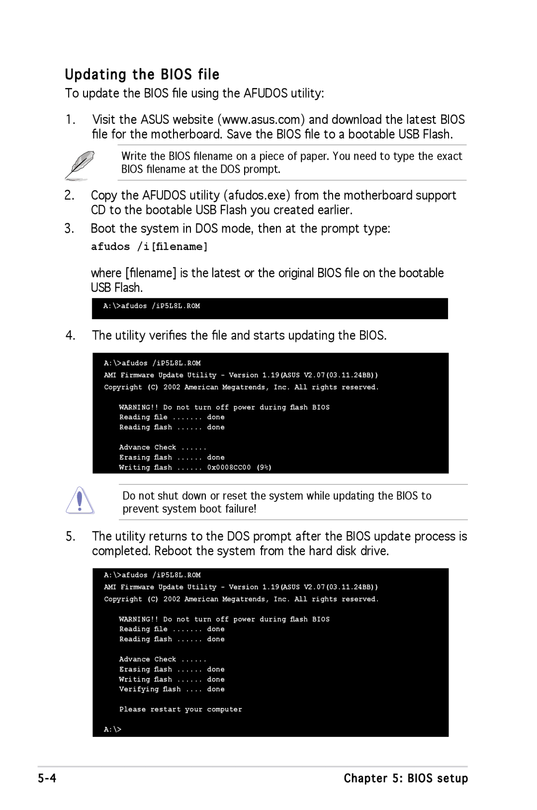 Asus P1P5945GCBLK manual Updating the Bios file, To update the Bios file using the Afudos utility 