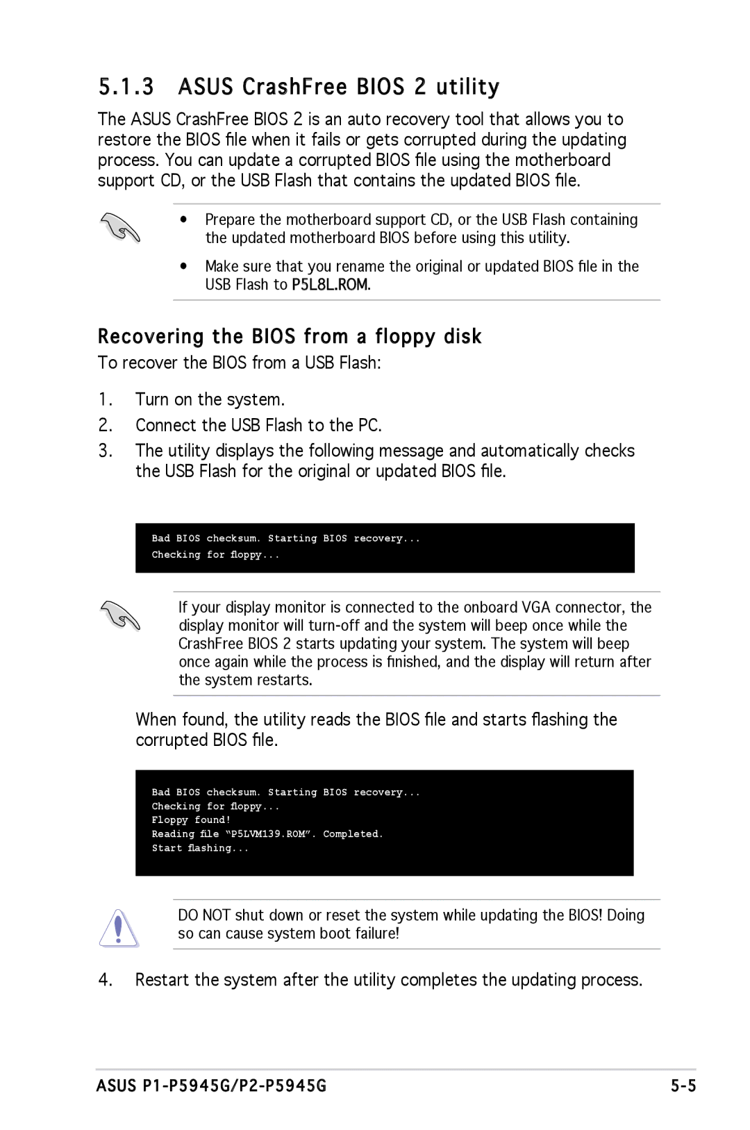 Asus P1P5945GCBLK manual Asus CrashFree Bios 2 utility, Recovering the Bios from a floppy disk 