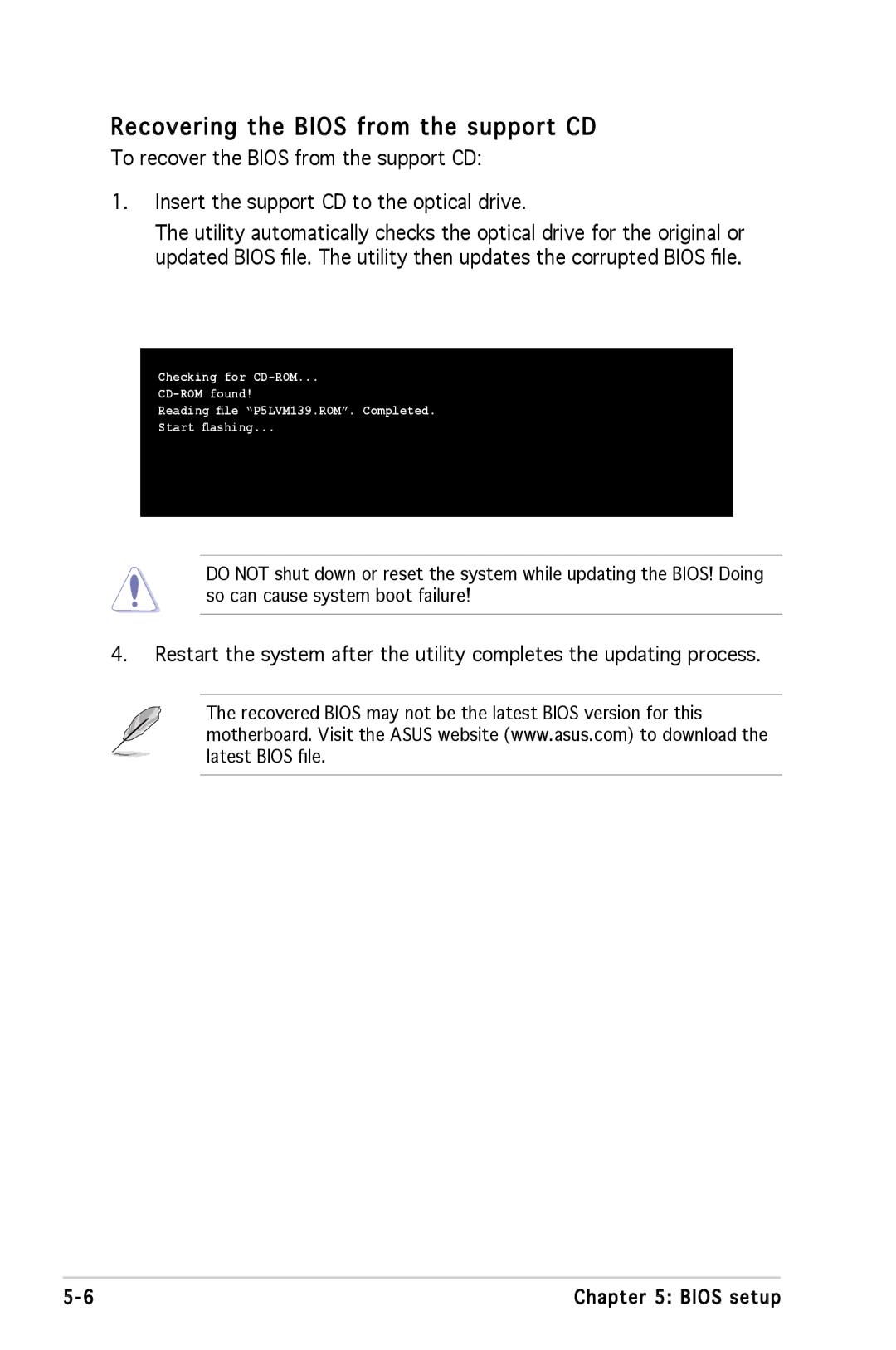 Asus P1P5945GCBLK manual Recovering the Bios from the support CD 