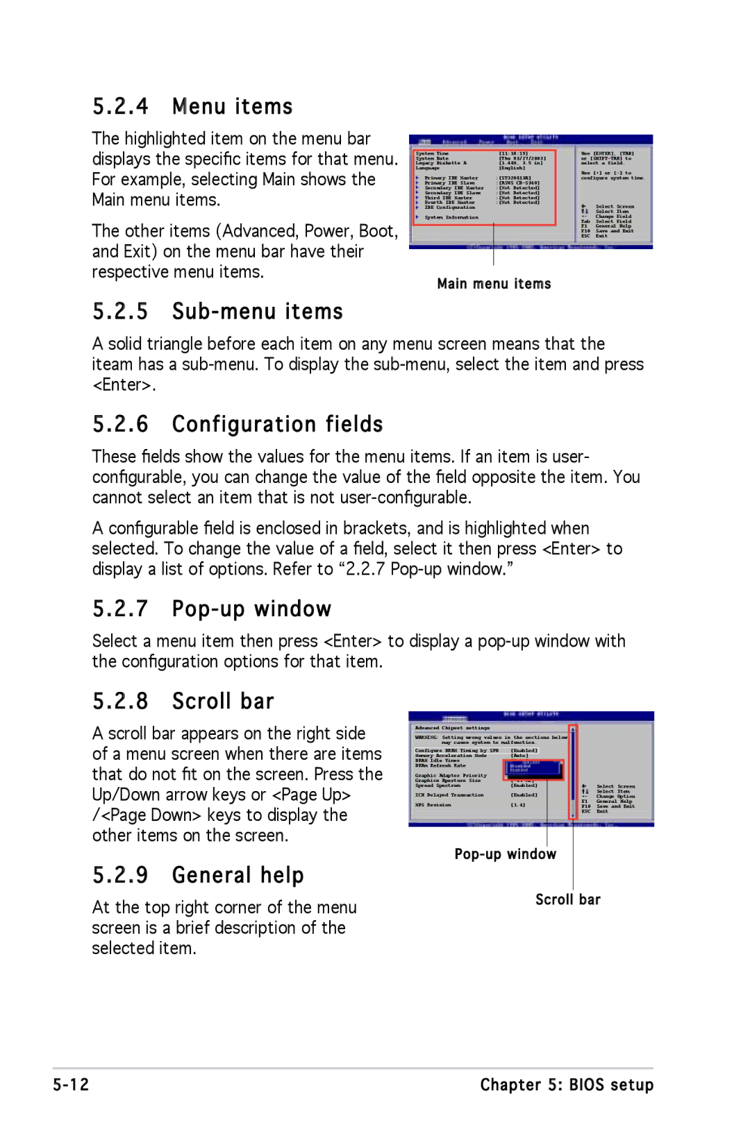 Asus P1P5945GCBLK manual Menu items, Sub-menu items, Configuration fields, Pop-up window, Scroll bar, General help 