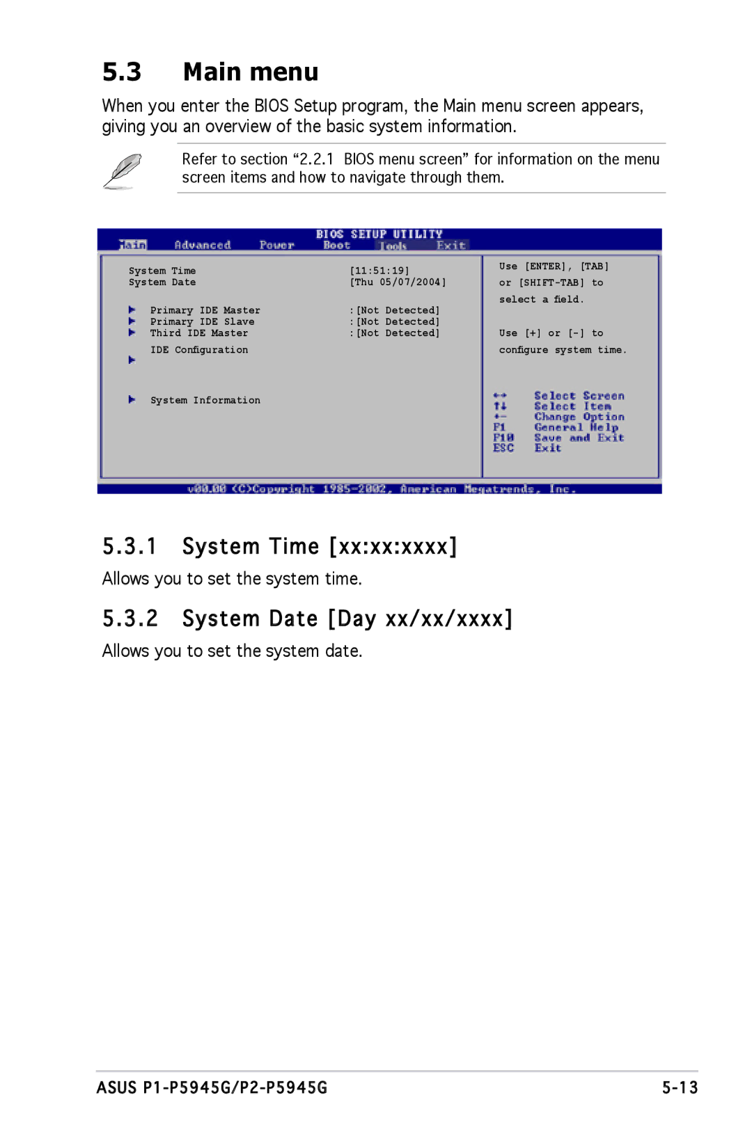 Asus P1P5945GCBLK manual Main menu, System Time, System Date Day xx/xx/xxxx, Allows you to set the system time 