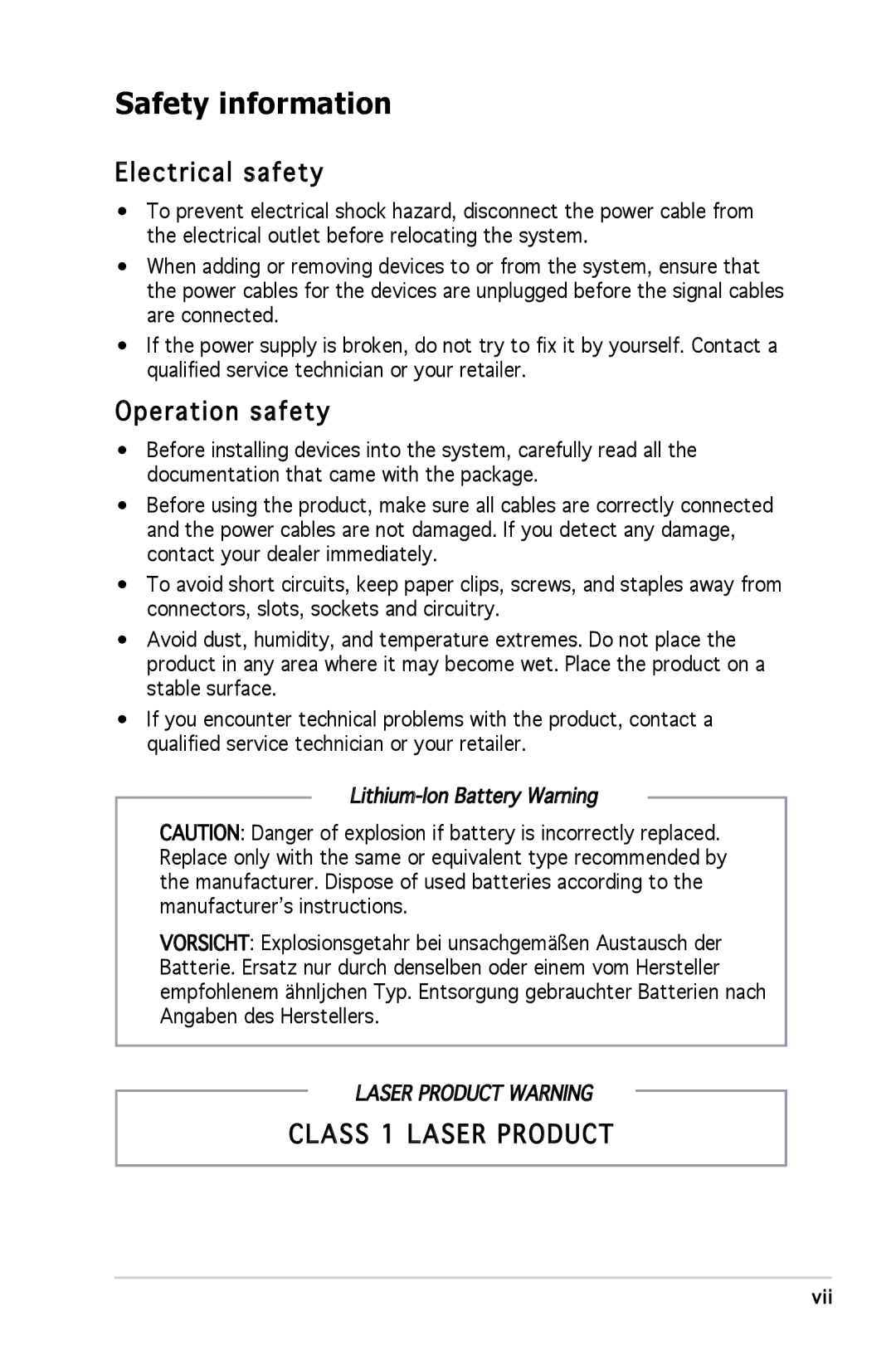 Asus P1P5945GCBLK manual Safety information, Electrical safety, Operation safety 