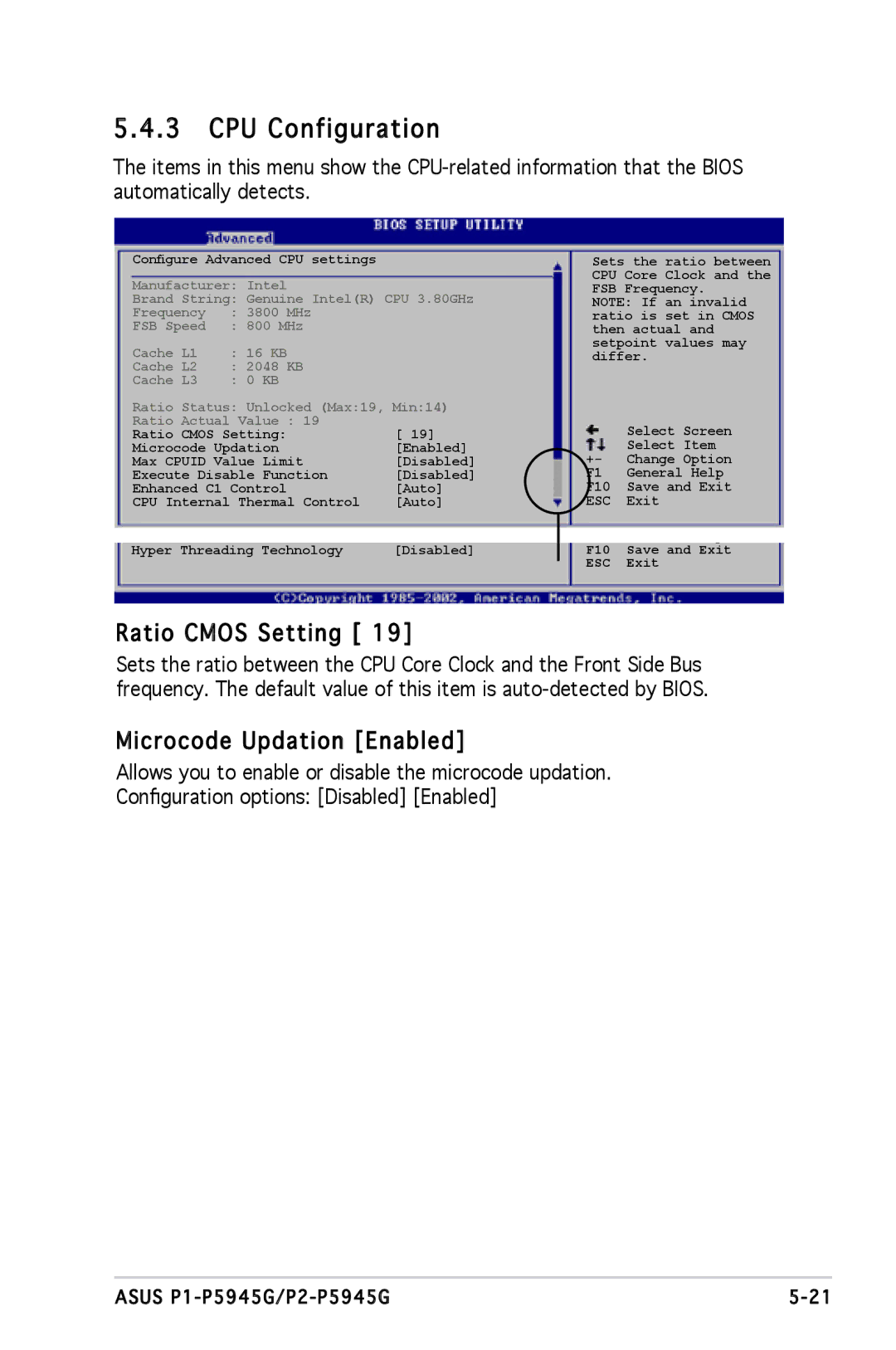 Asus P1P5945GCBLK manual CPU Configuration, Ratio Cmos Setting, Microcode Updation Enabled 