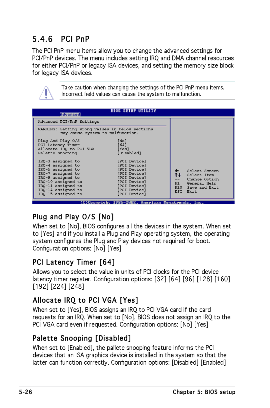 Asus P1P5945GCBLK PCI PnP, Plug and Play O/S No, PCI Latency Timer, Allocate IRQ to PCI VGA Yes, Palette Snooping Disabled 