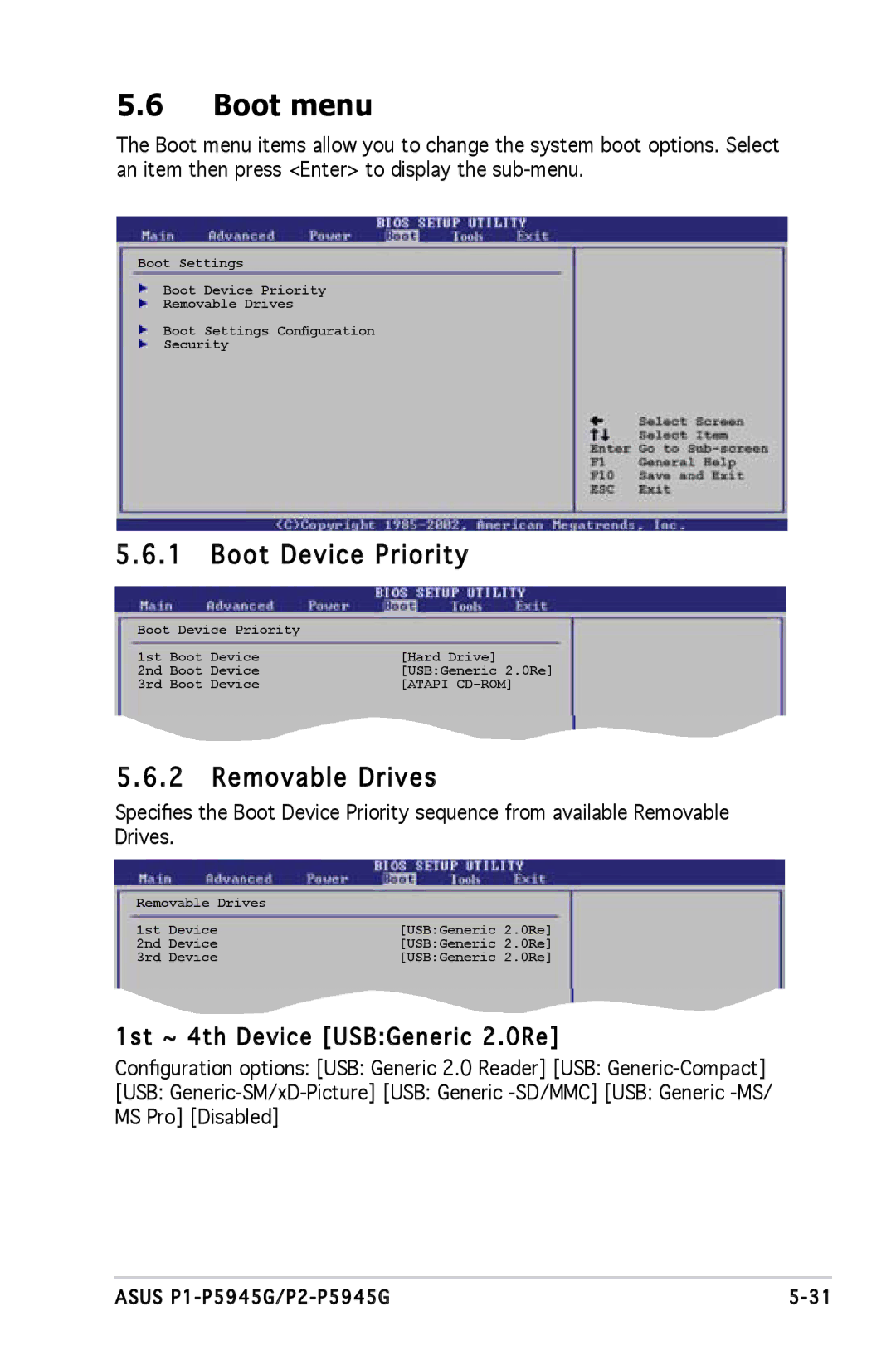 Asus P1P5945GCBLK manual Boot menu, Boot Device Priority, Removable Drives, 1st ~ 4th Device USBGeneric 2.0Re 