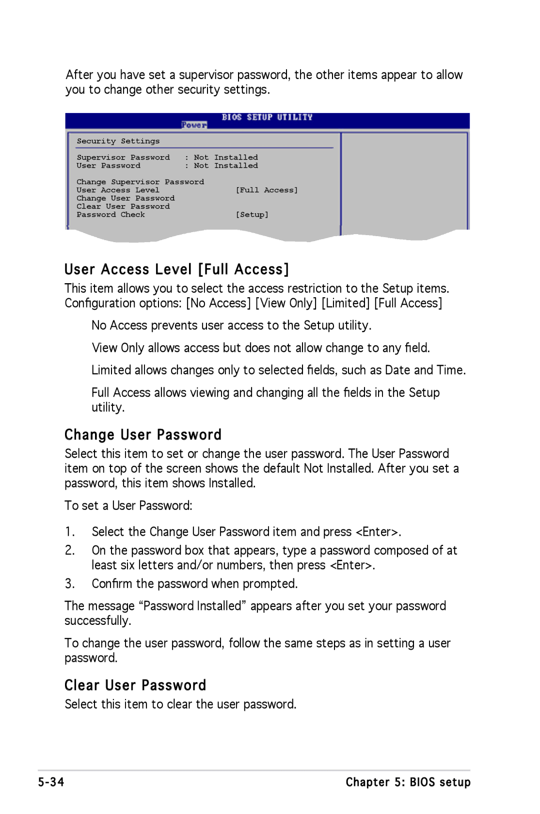 Asus P1P5945GCBLK manual User Access Level Full Access, Change User Password, Clear User Password 