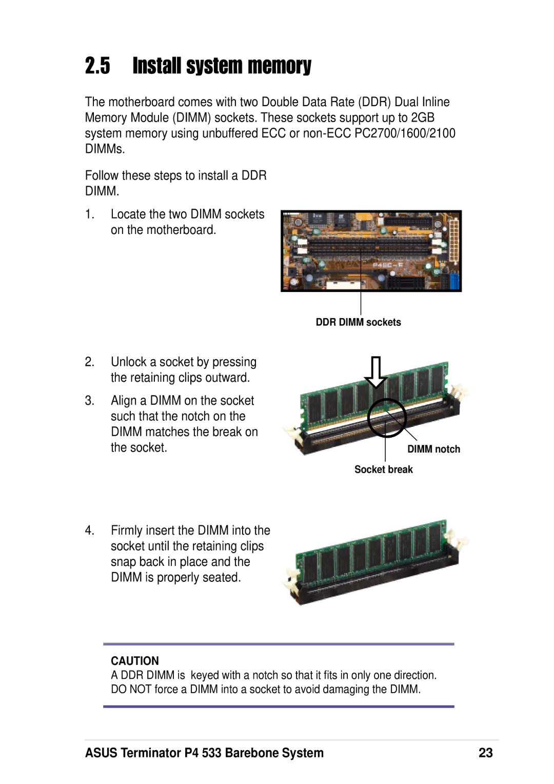 Asus P4 533 manual Install system memory, Dimm 