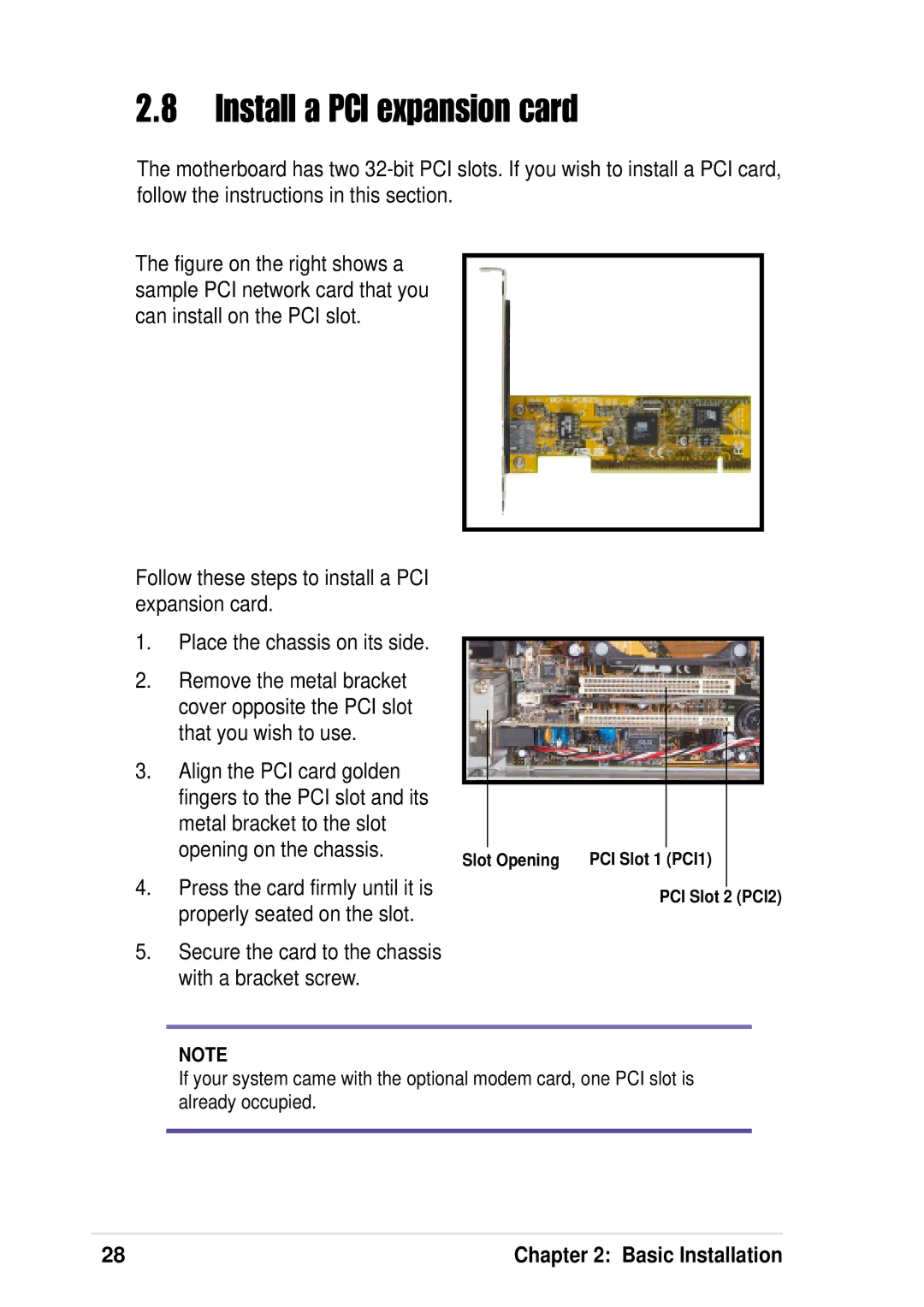 Asus P4 533 manual Install a PCI expansion card, Press the card firmly until it is, Properly seated on the slot 