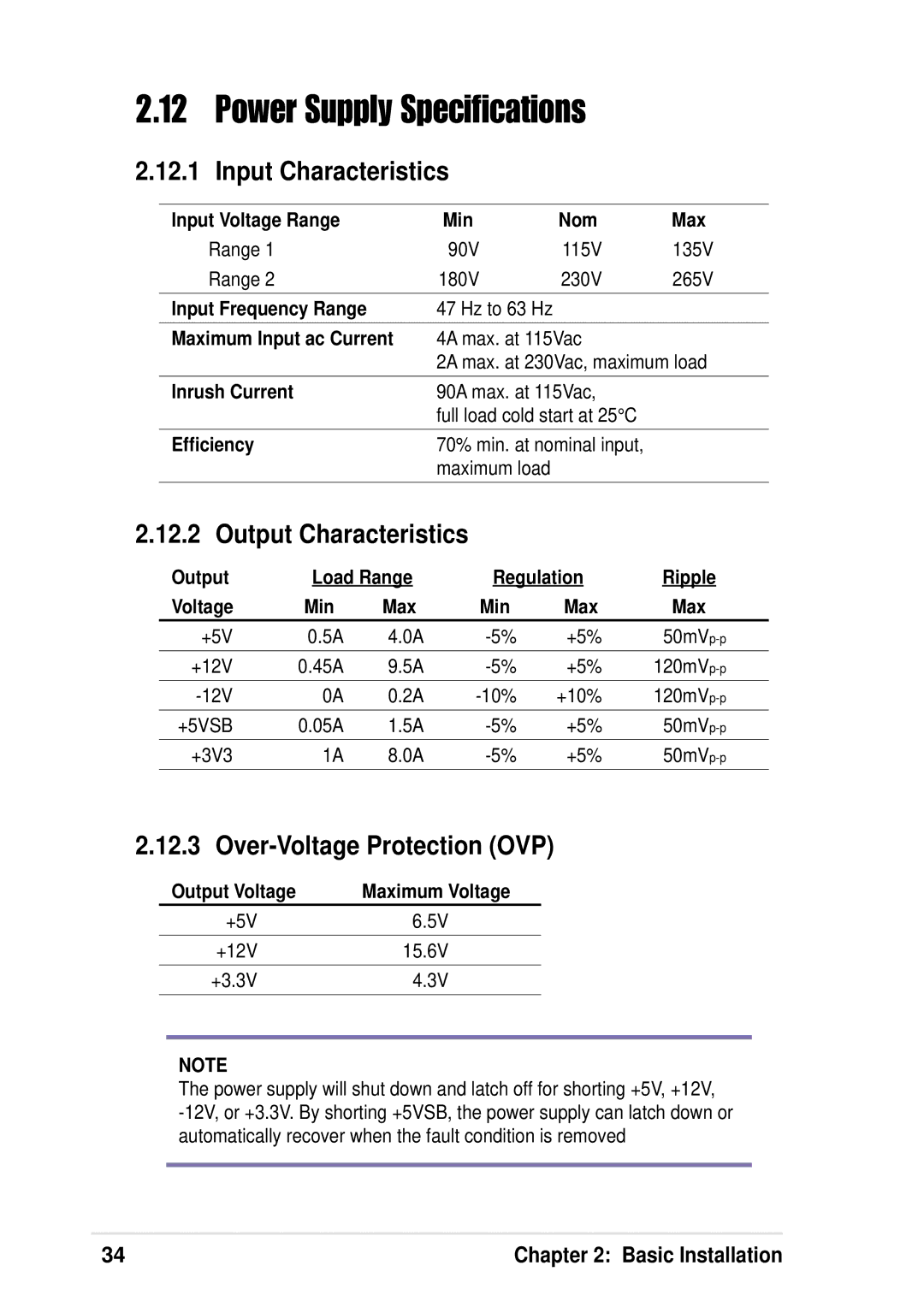 Asus P4 533 manual Input Characteristics, Output Characteristics, Over-Voltage Protection OVP 