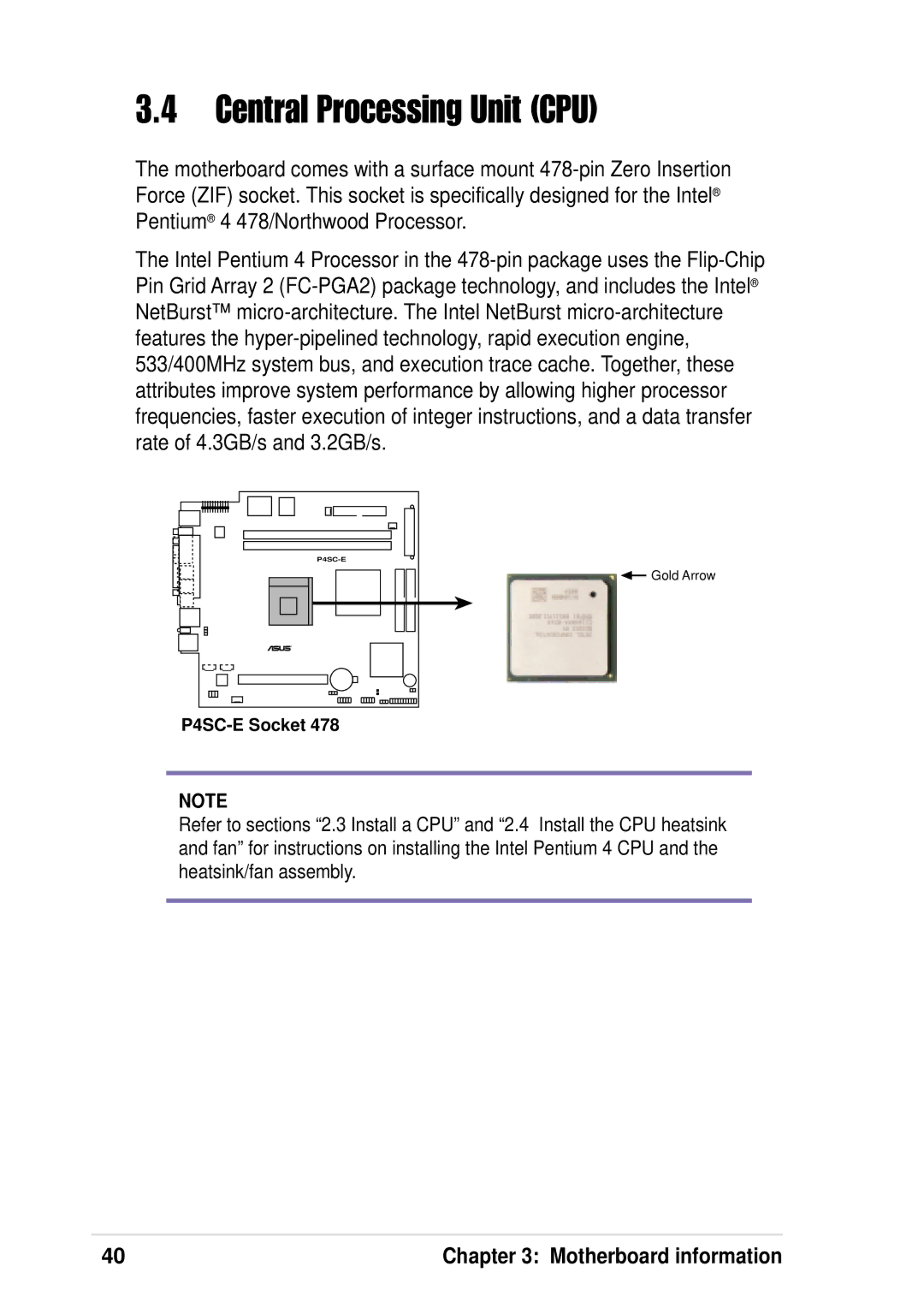 Asus P4 533 manual Central Processing Unit CPU 