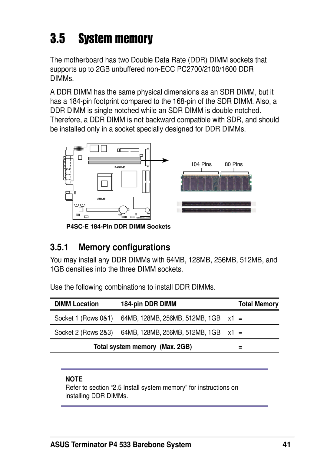 Asus P4 533 manual System memory, Memory configurations 