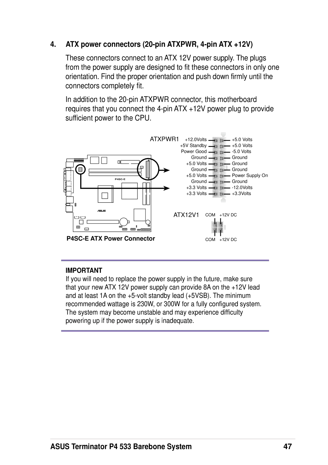 Asus P4 533 manual ATX power connectors 20-pin ATXPWR, 4-pin ATX +12V, ATXPWR1 