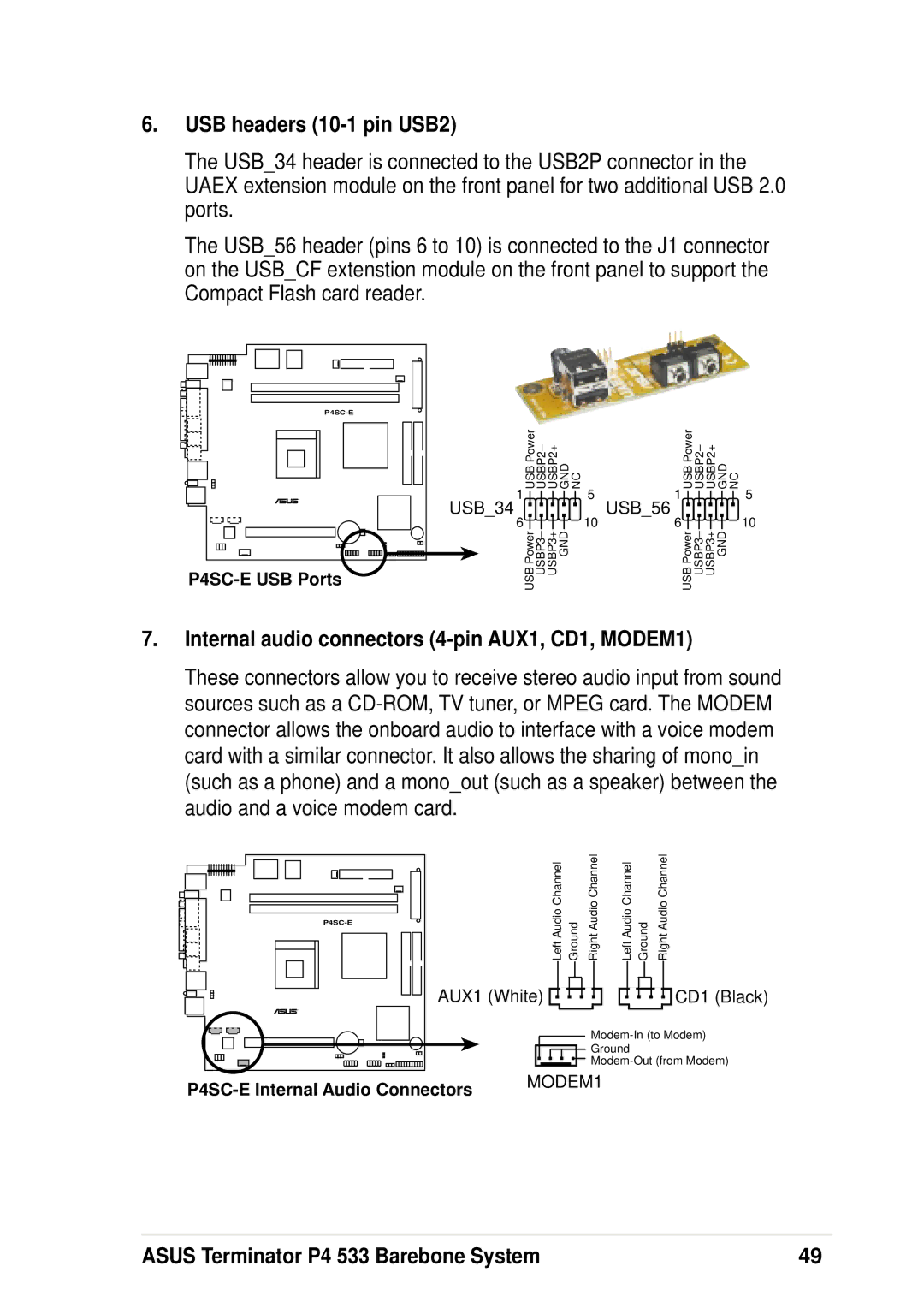 Asus P4 533 manual USB headers 10-1 pin USB2, Internal audio connectors 4-pin AUX1, CD1, MODEM1 