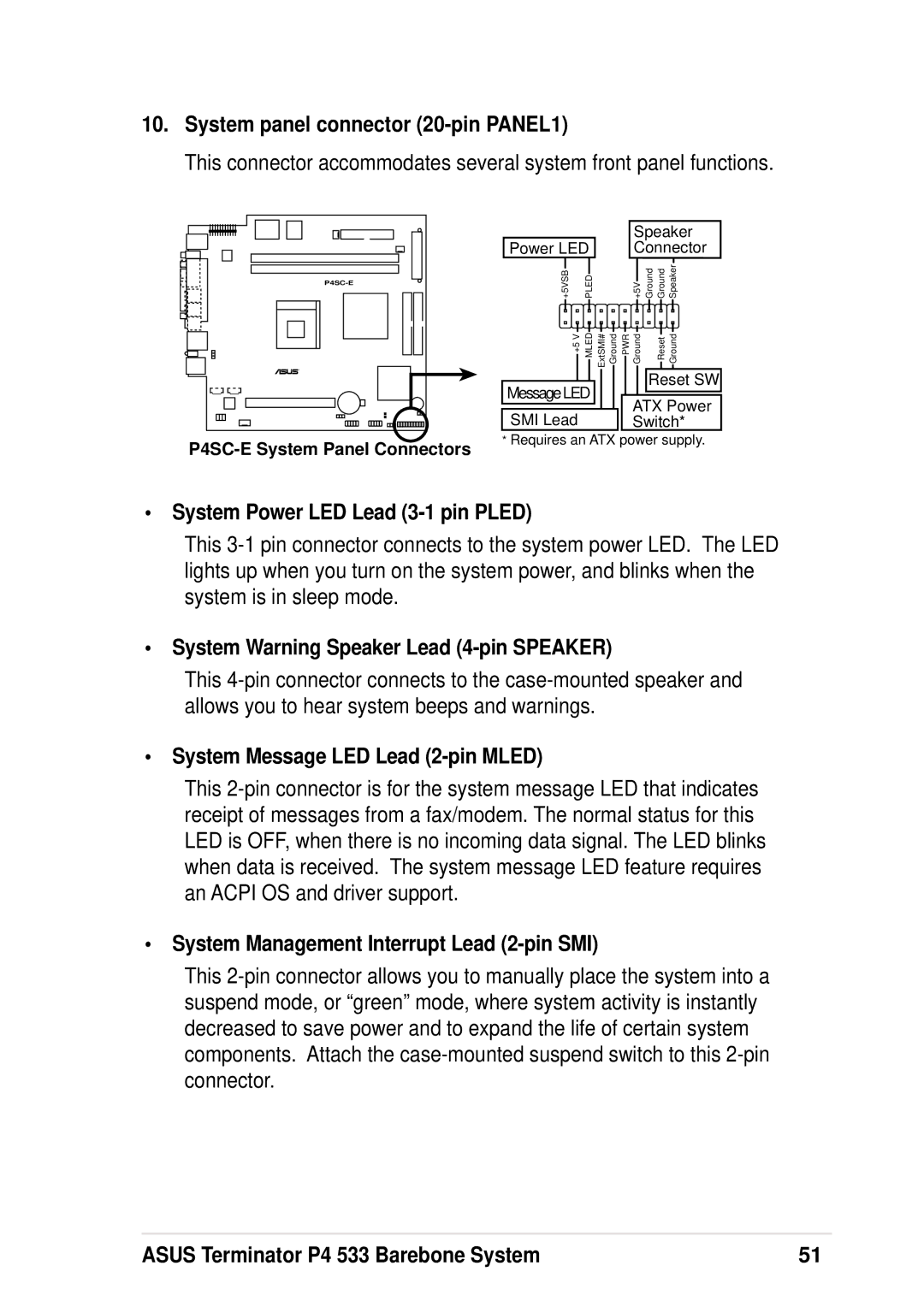 Asus P4 533 System panel connector 20-pin PANEL1, System Power LED Lead 3-1 pin Pled, System Message LED Lead 2-pin Mled 