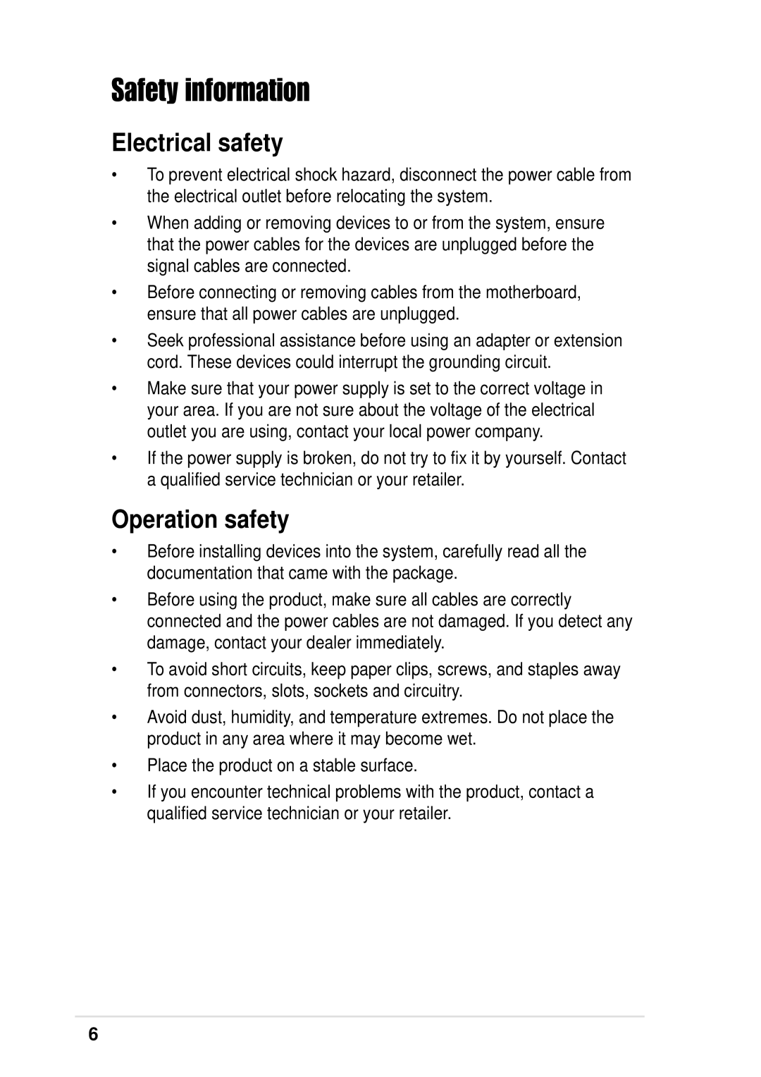 Asus P4 533 manual Safety information, Electrical safety 