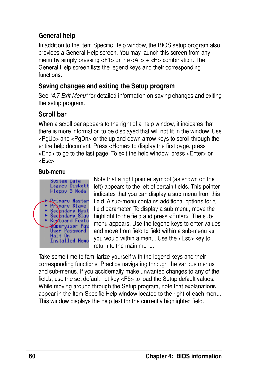 Asus P4 533 manual General help, Saving changes and exiting the Setup program, Scroll bar, Sub-menu 