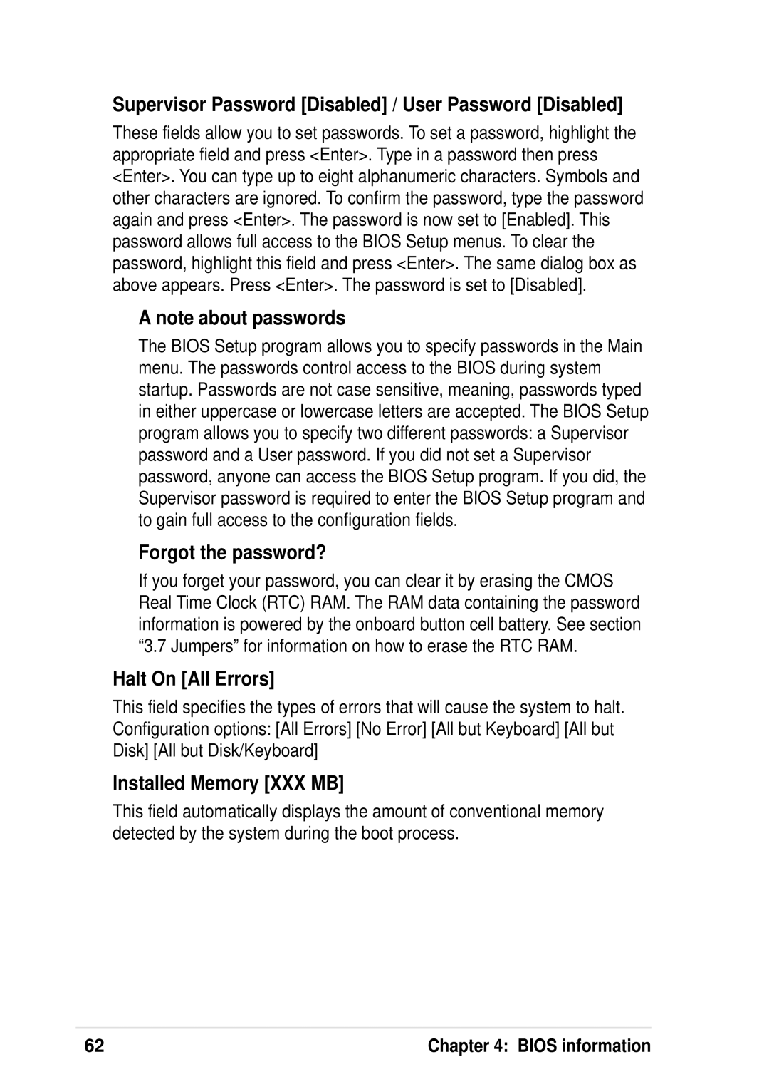 Asus P4 533 manual Supervisor Password Disabled / User Password Disabled, Forgot the password?, Halt On All Errors 