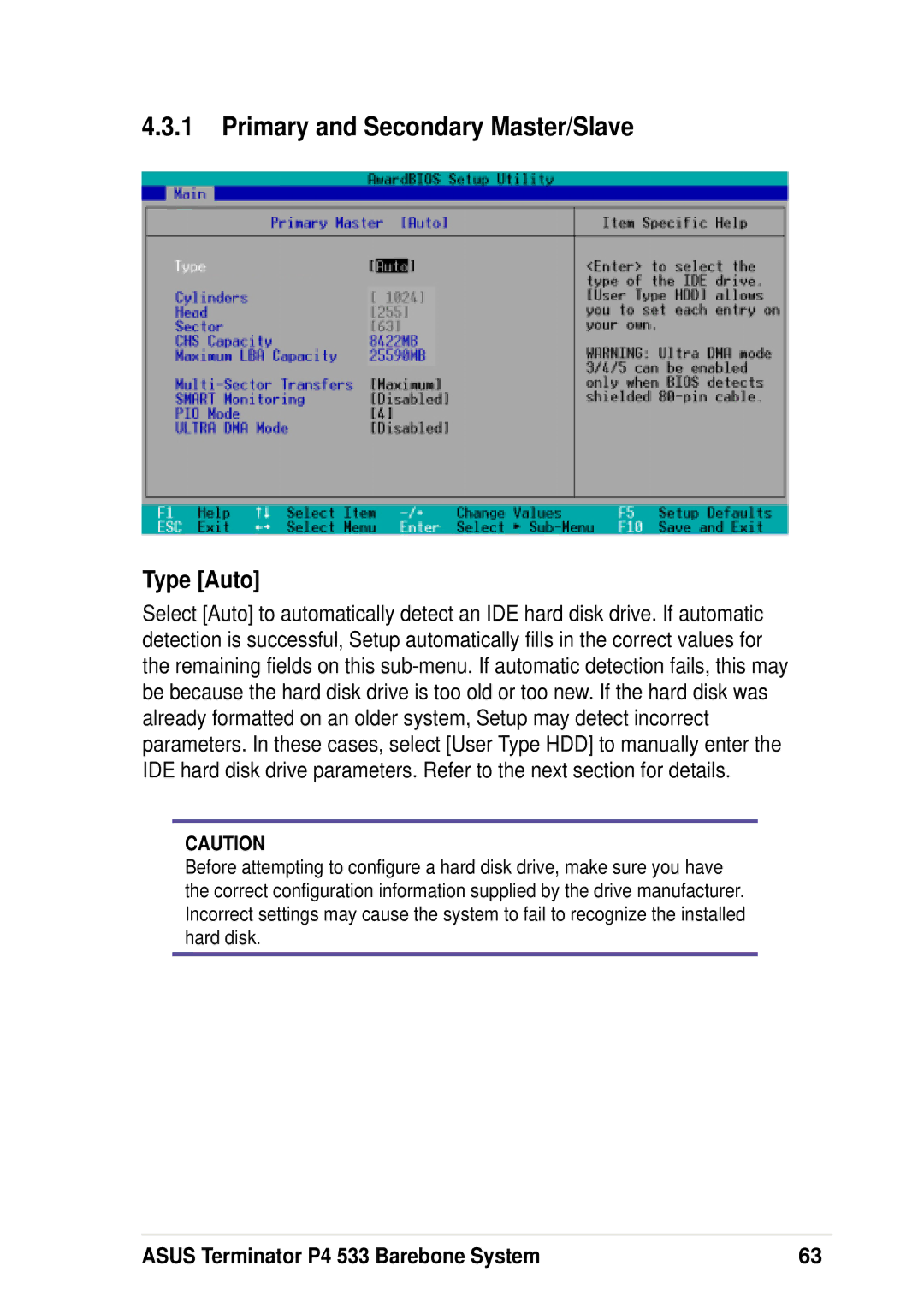 Asus P4 533 manual Primary and Secondary Master/Slave, Type Auto 
