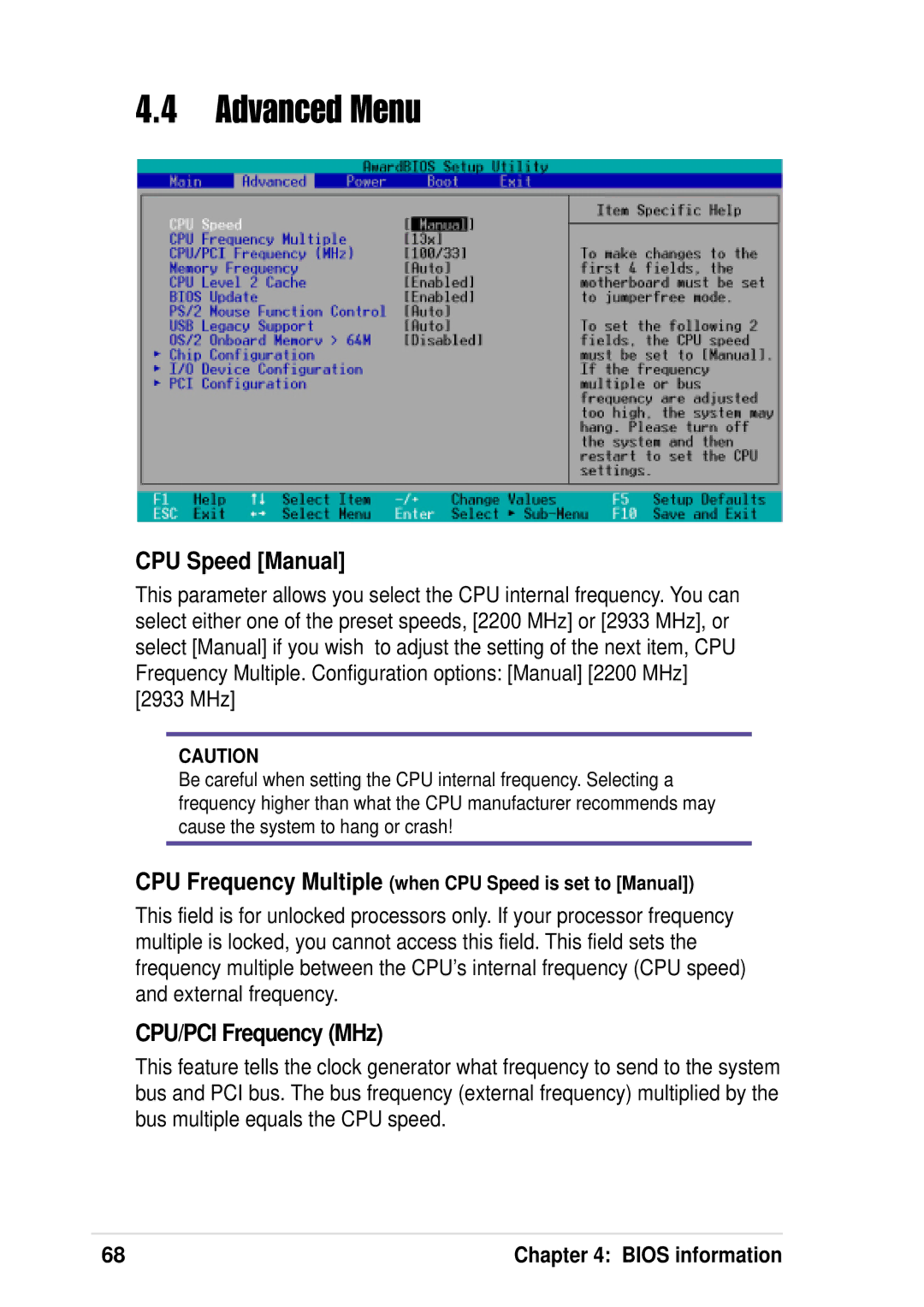 Asus P4 533 manual Advanced Menu, CPU Speed Manual, CPU/PCI Frequency MHz 