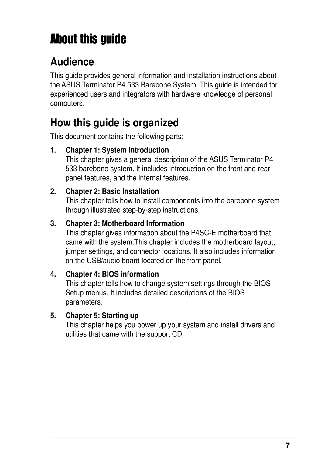 Asus P4 533 About this guide, This document contains the following parts, System Introduction, Motherboard Information 