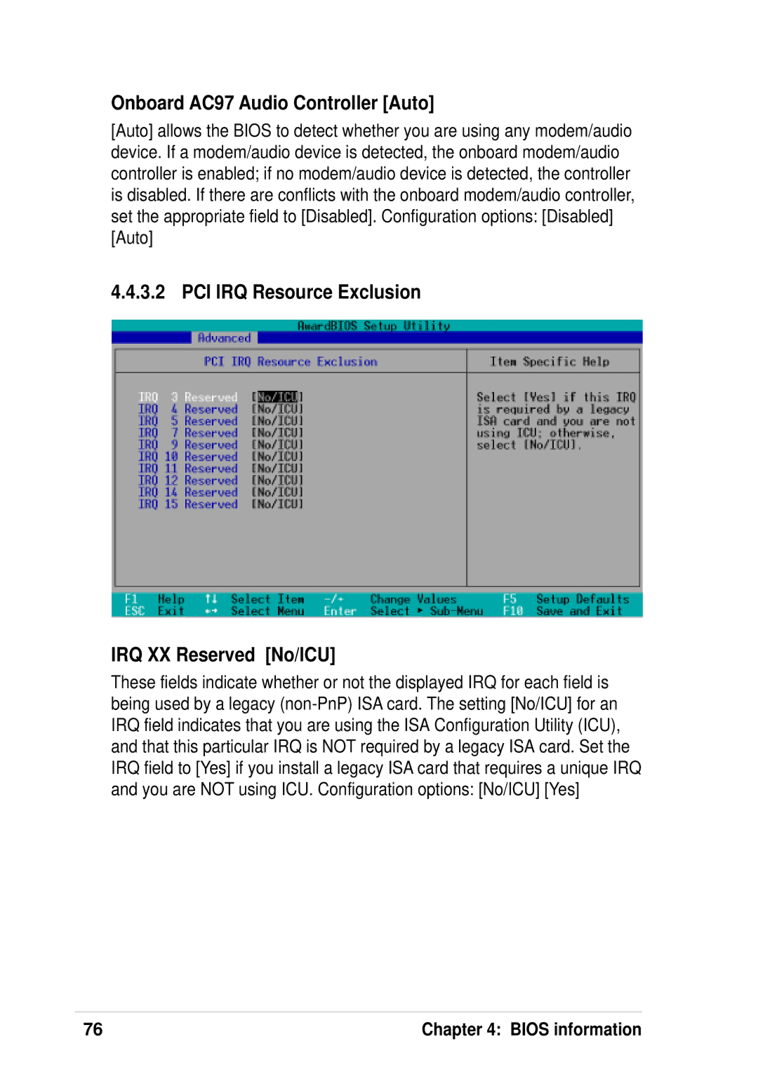 Asus P4 533 manual Onboard AC97 Audio Controller Auto, PCI IRQ Resource Exclusion IRQ XX Reserved No/ICU 