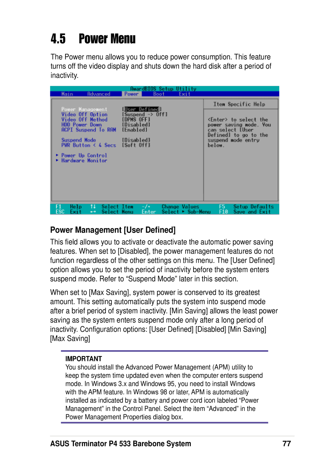 Asus P4 533 manual Power Menu, Power Management User Defined 