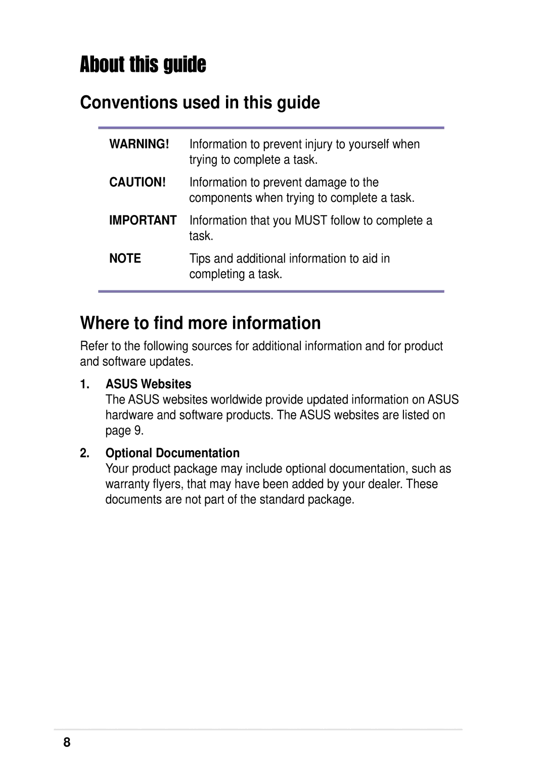 Asus P4 533 manual Asus Websites, Optional Documentation 