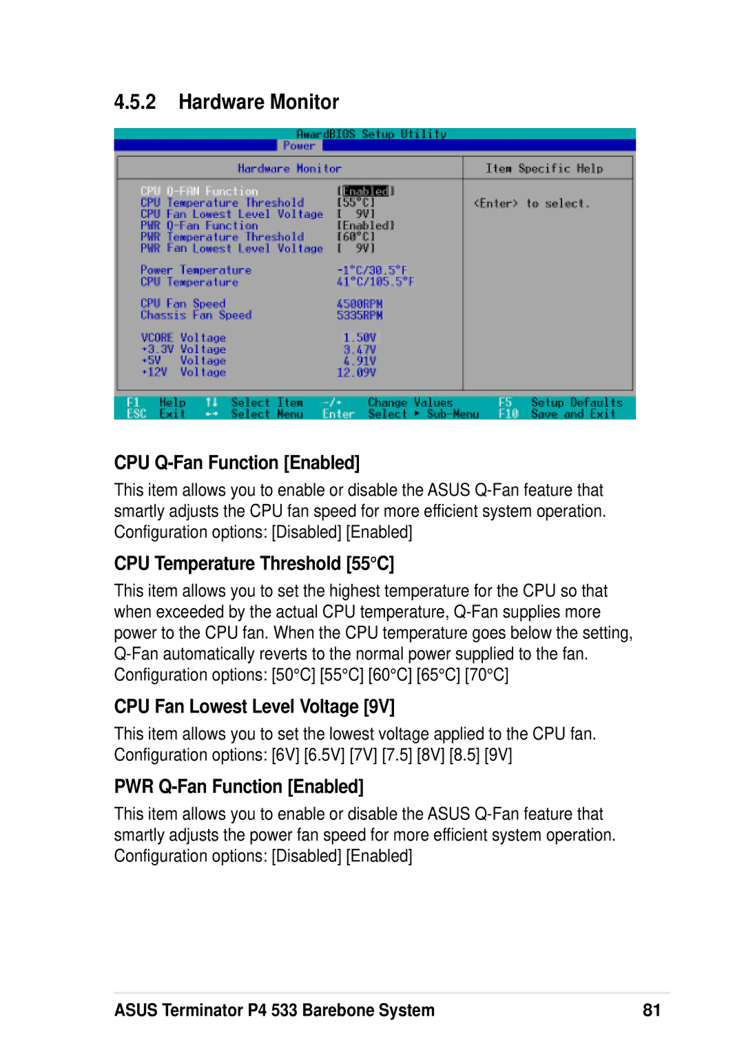 Asus P4 533 Hardware Monitor, CPU Q-Fan Function Enabled, CPU Temperature Threshold 55C, CPU Fan Lowest Level Voltage 