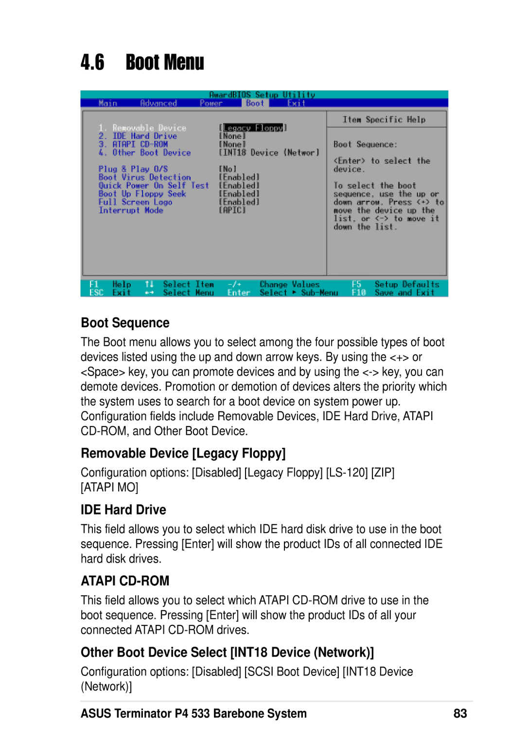 Asus P4 533 manual Boot Menu, Boot Sequence, Removable Device Legacy Floppy, IDE Hard Drive 