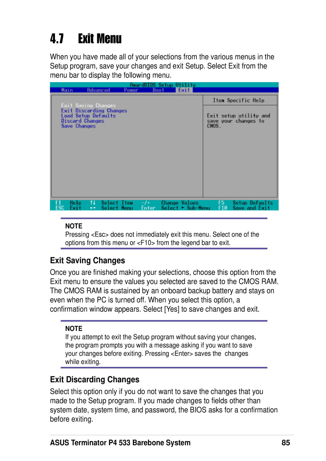 Asus P4 533 manual Exit Menu, Exit Saving Changes, Exit Discarding Changes 