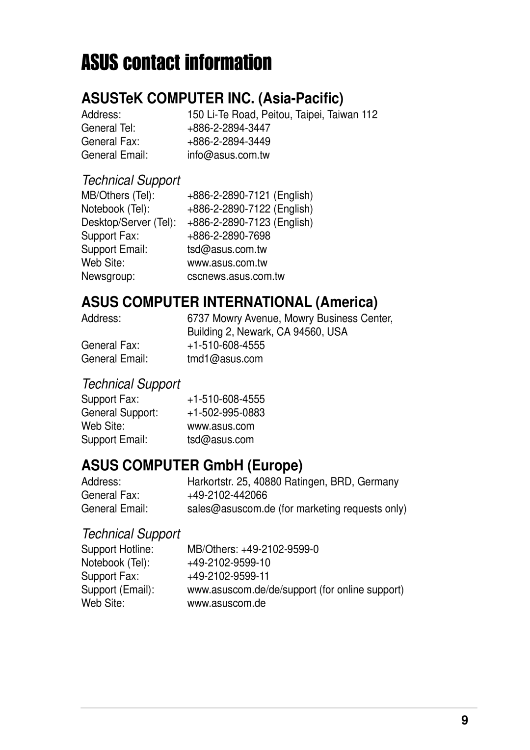 Asus P4 533 manual Asus contact information, ASUSTeK Computer INC. Asia-Pacific, Asus Computer International America 