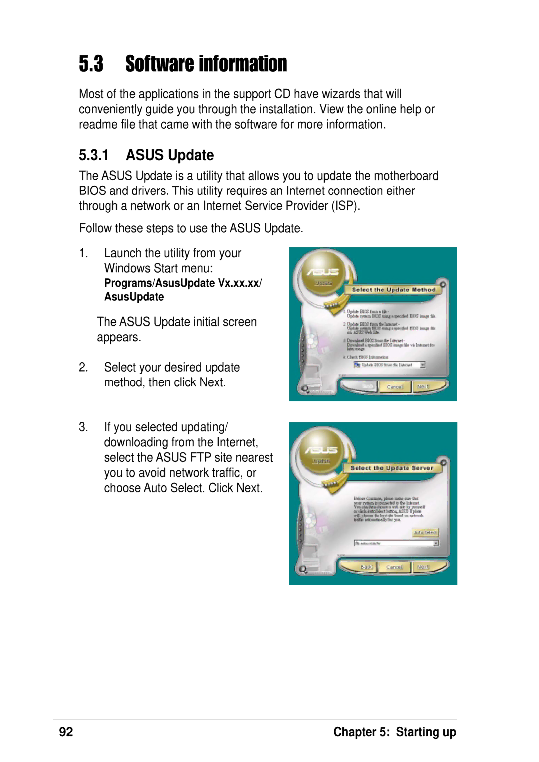 Asus P4 533 manual Software information, Asus Update initial screen appears 