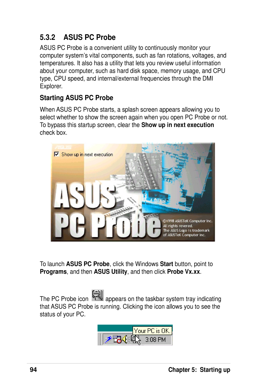 Asus P4 533 manual Starting Asus PC Probe 