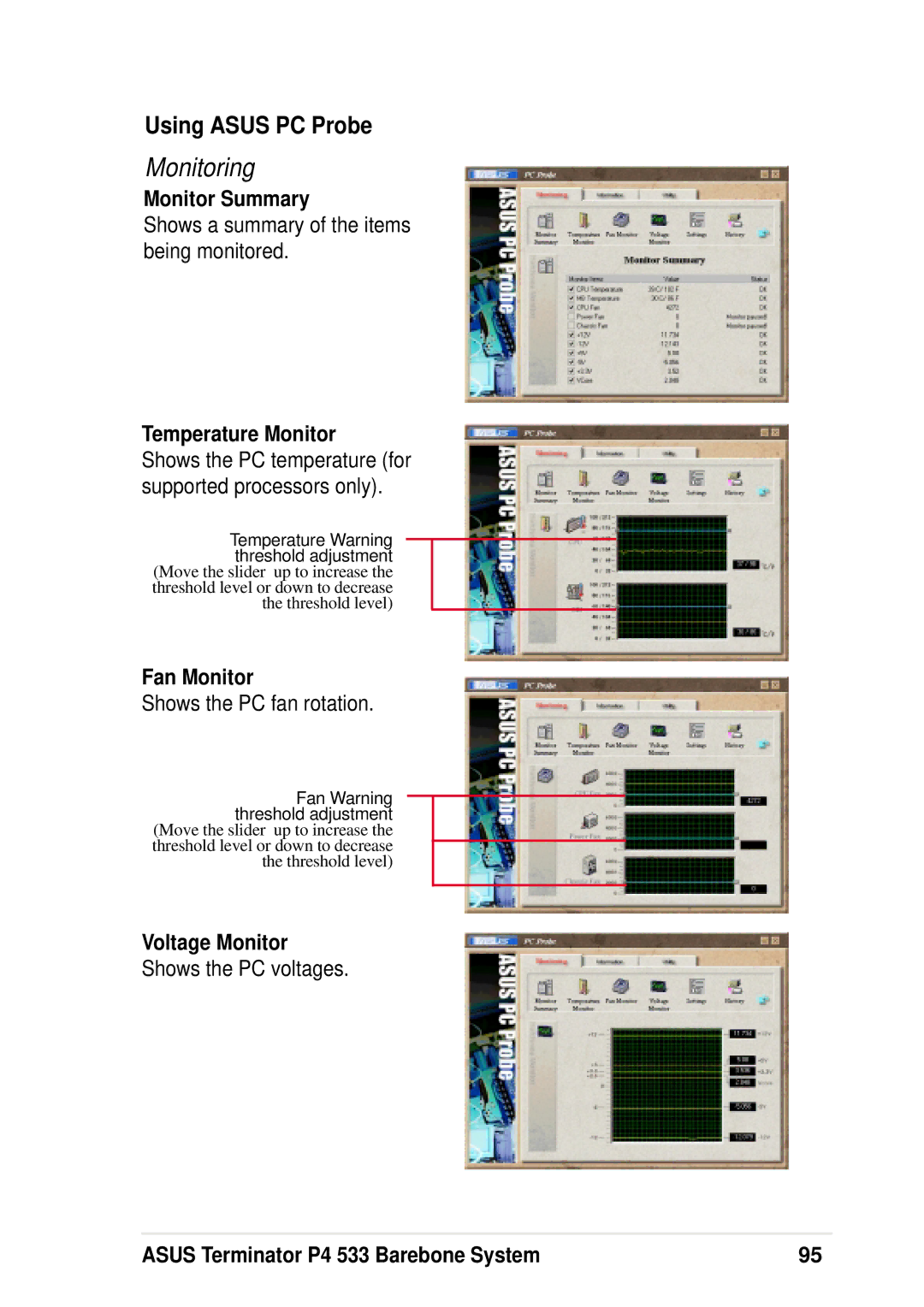 Asus P4 533 manual Using Asus PC Probe, Monitor Summary, Temperature Monitor, Fan Monitor, Voltage Monitor 