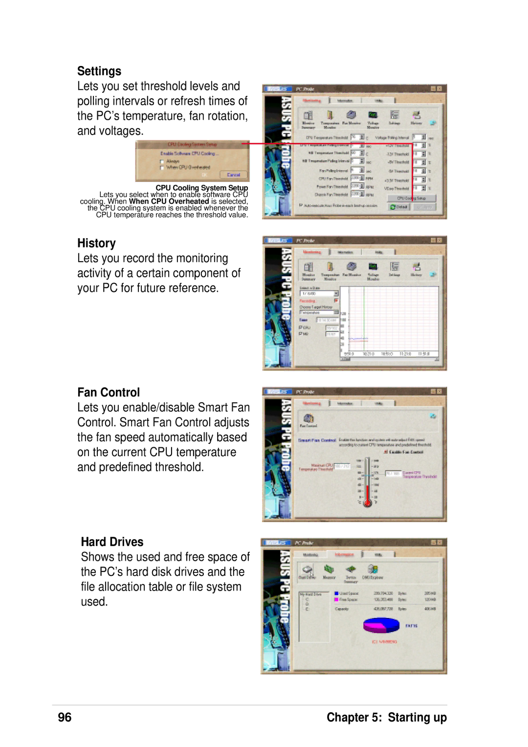 Asus P4 533 manual Settings, History, Fan Control, Hard Drives 