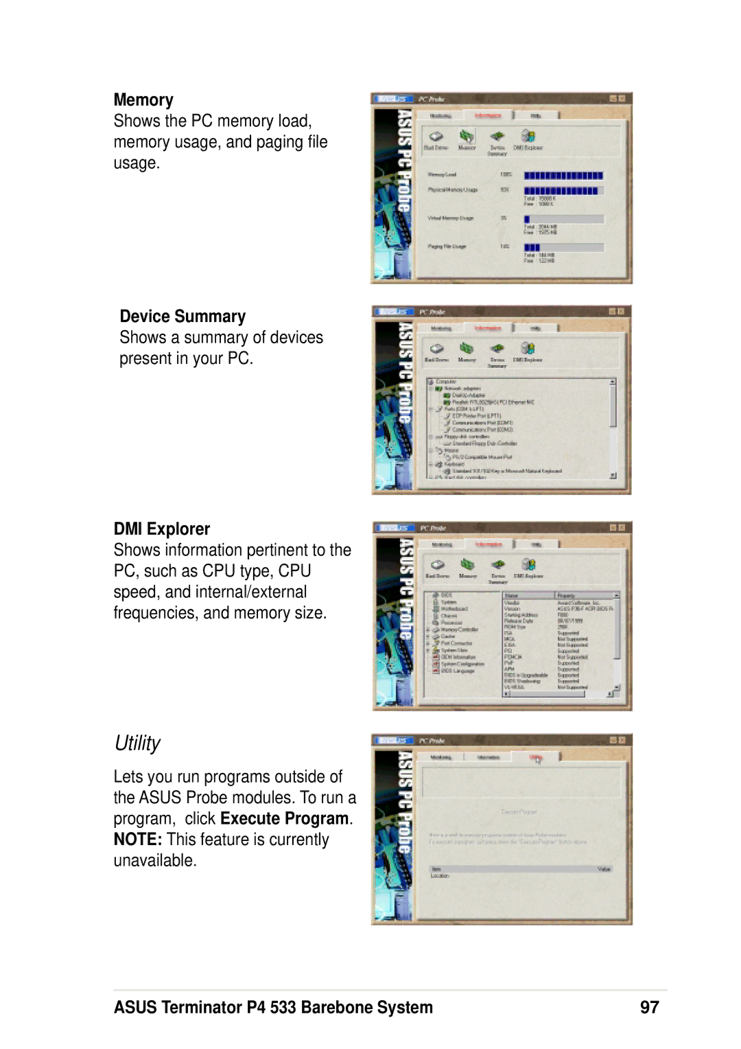 Asus P4 533 manual Memory, Device Summary, DMI Explorer 