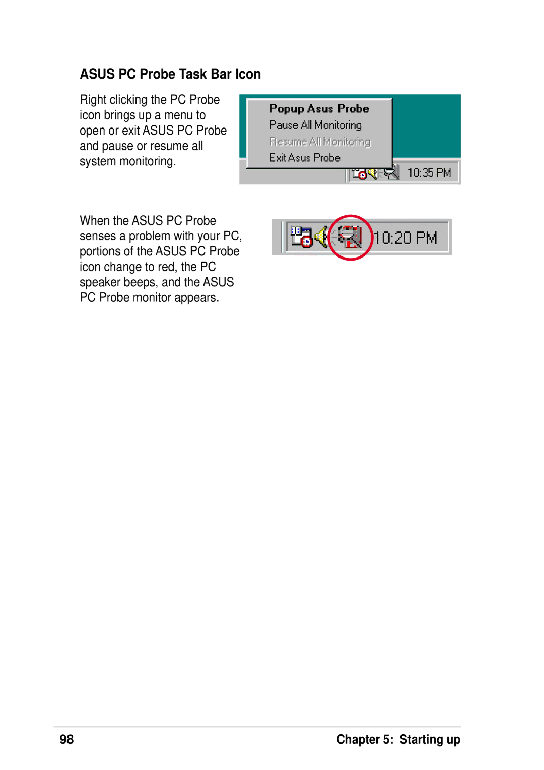 Asus P4 533 manual Asus PC Probe Task Bar Icon 