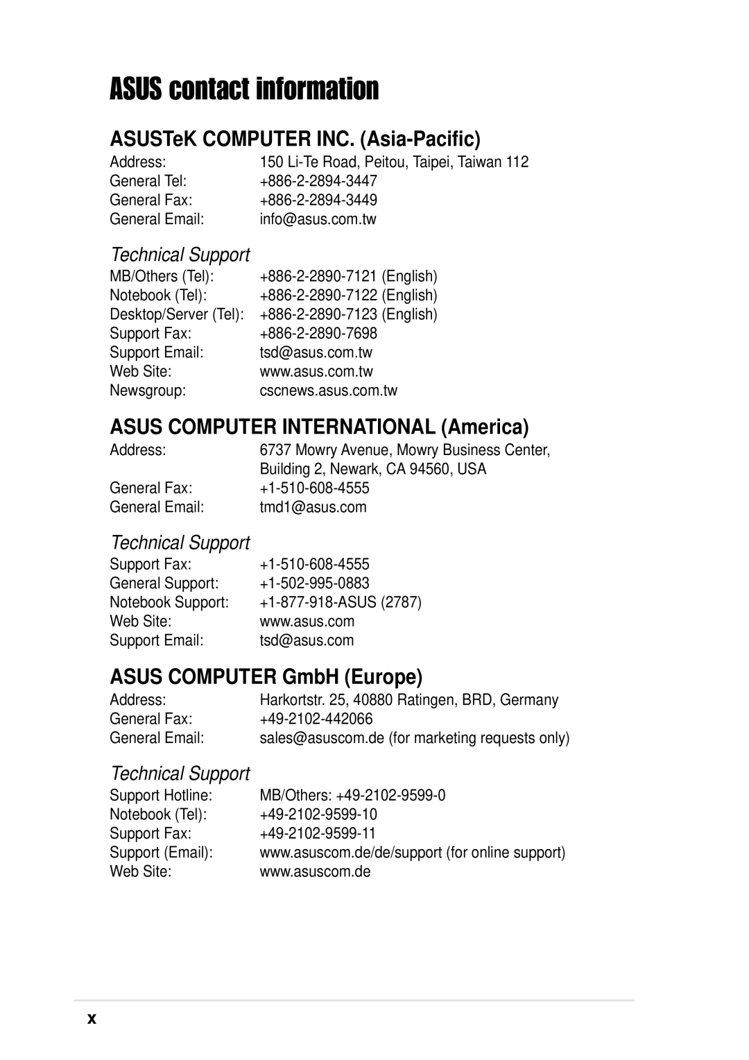 Asus P4B533-V manual Asus contact information, ASUSTeK Computer INC. Asia-Pacific 