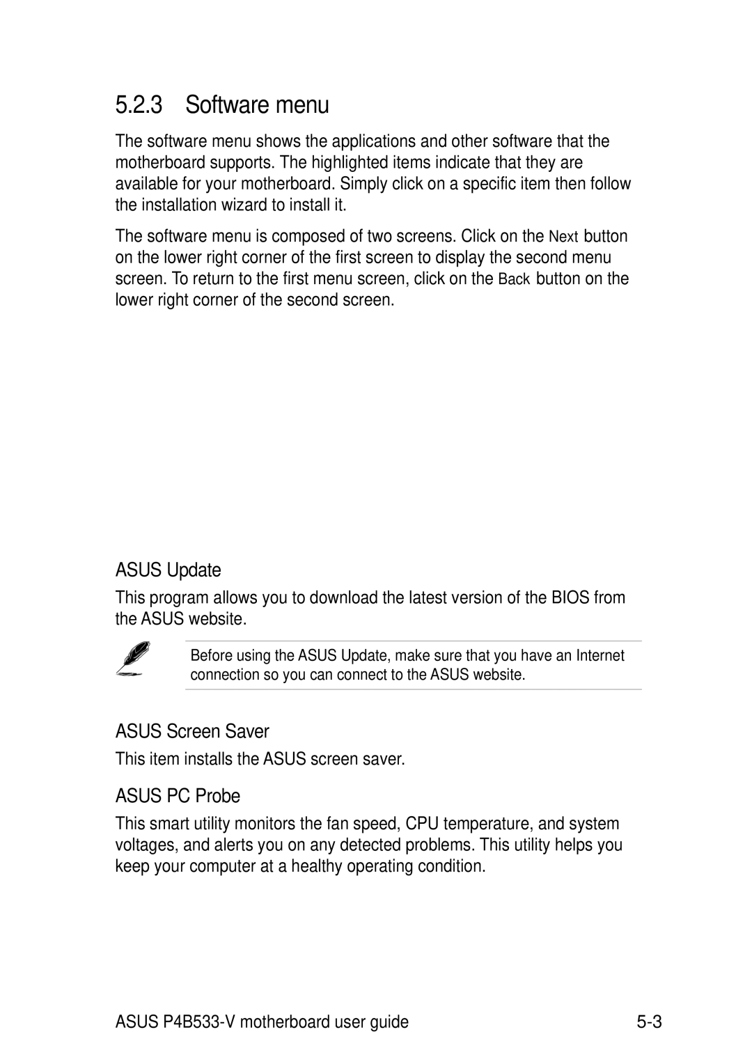 Asus P4B533-V manual Software menu, Asus Update, Asus Screen Saver, Asus PC Probe 