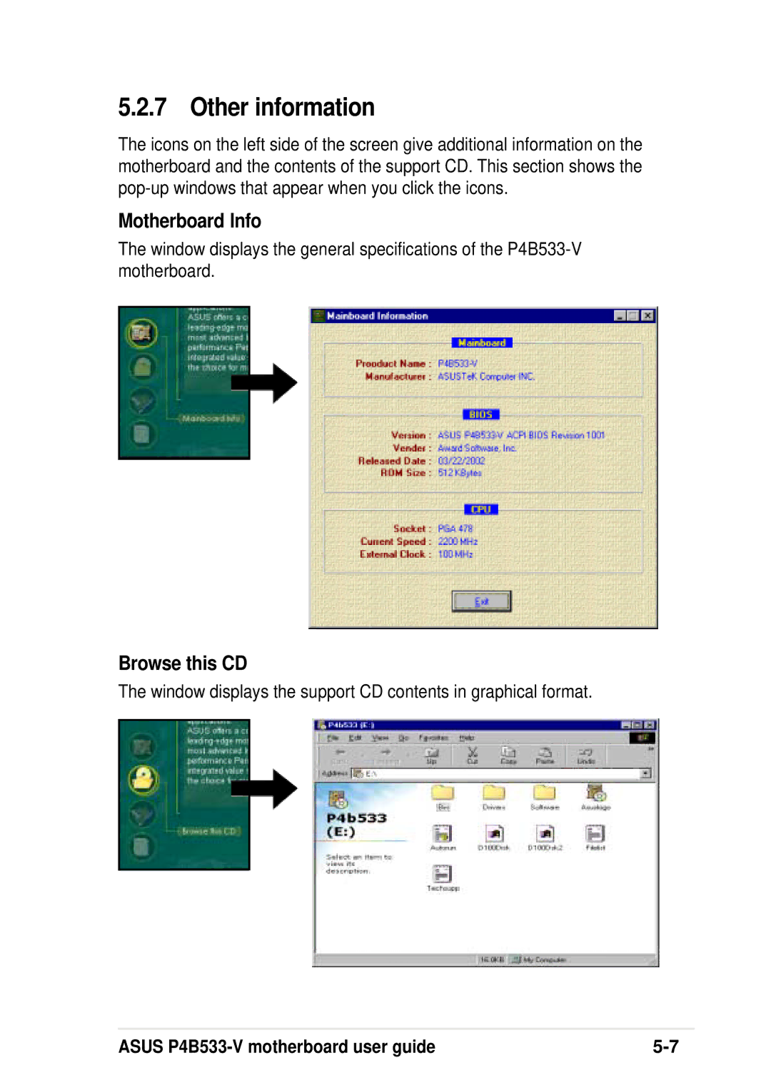 Asus P4B533-V manual Other information, Motherboard Info, Browse this CD 