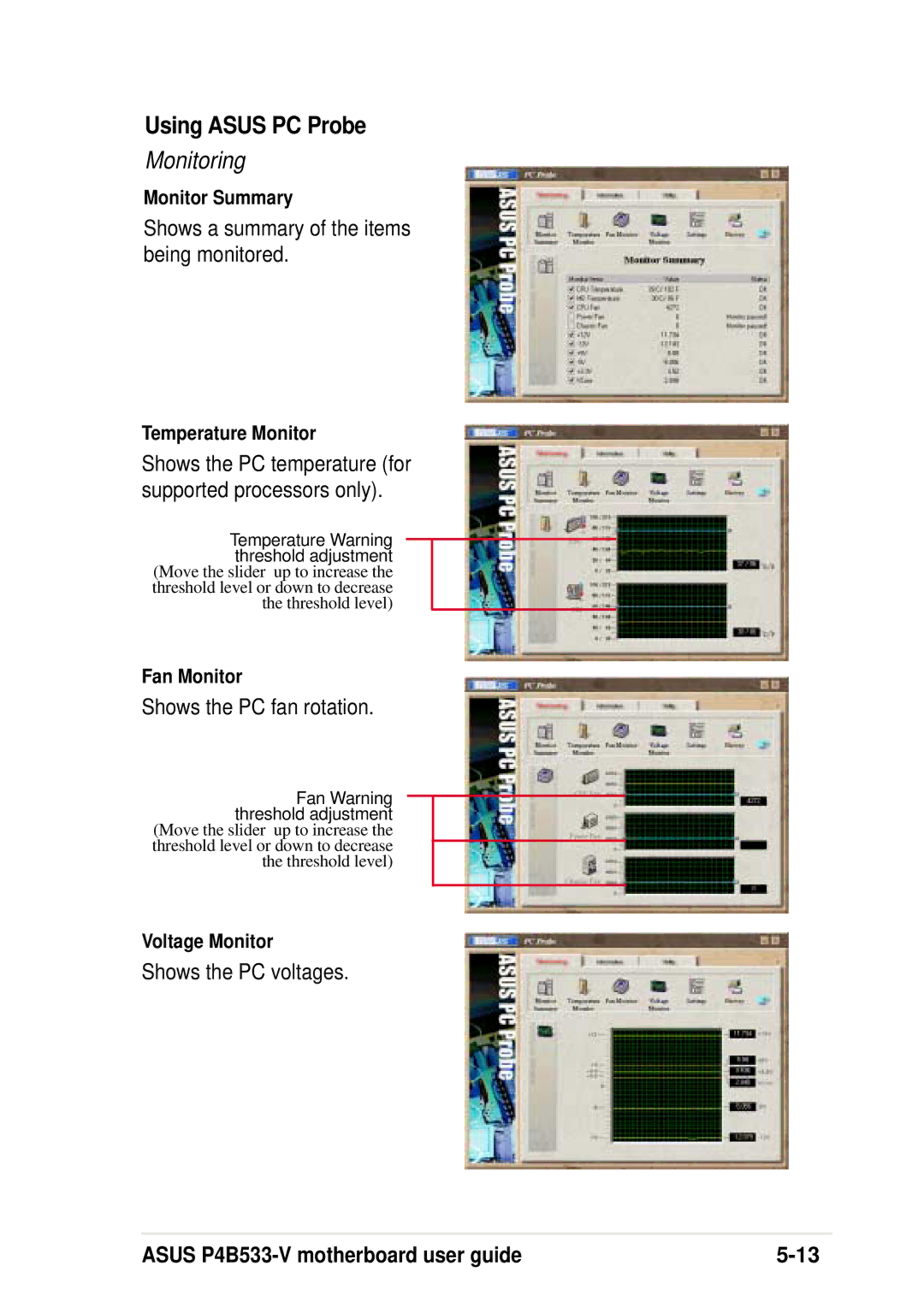 Asus P4B533-V manual Using Asus PC Probe, Monitoring 