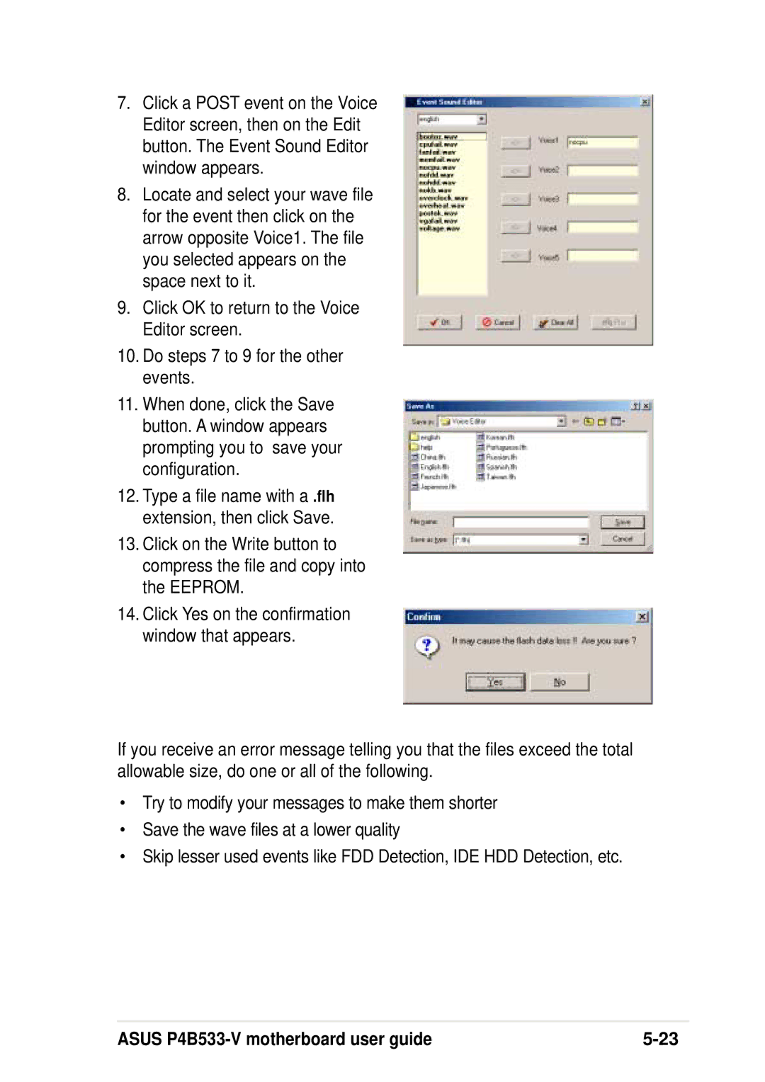 Asus P4B533-V manual Type a file name with a .flh extension, then click Save 