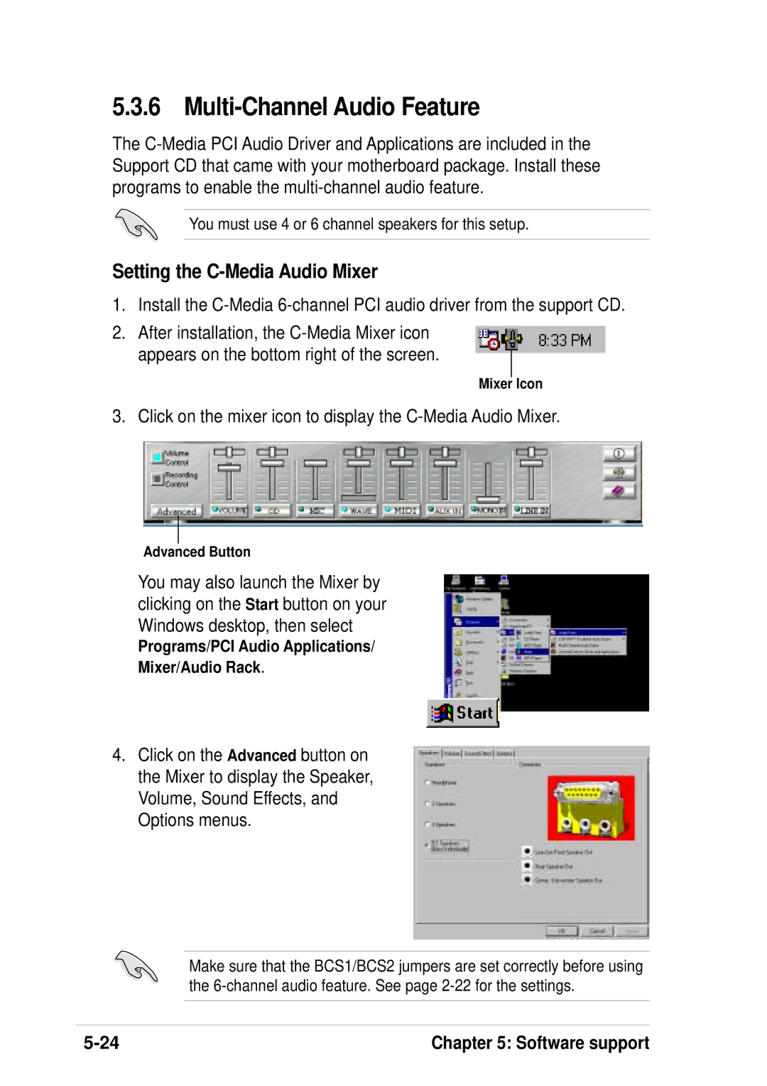 Asus P4B533-V manual Multi-Channel Audio Feature, Setting the C-Media Audio Mixer 