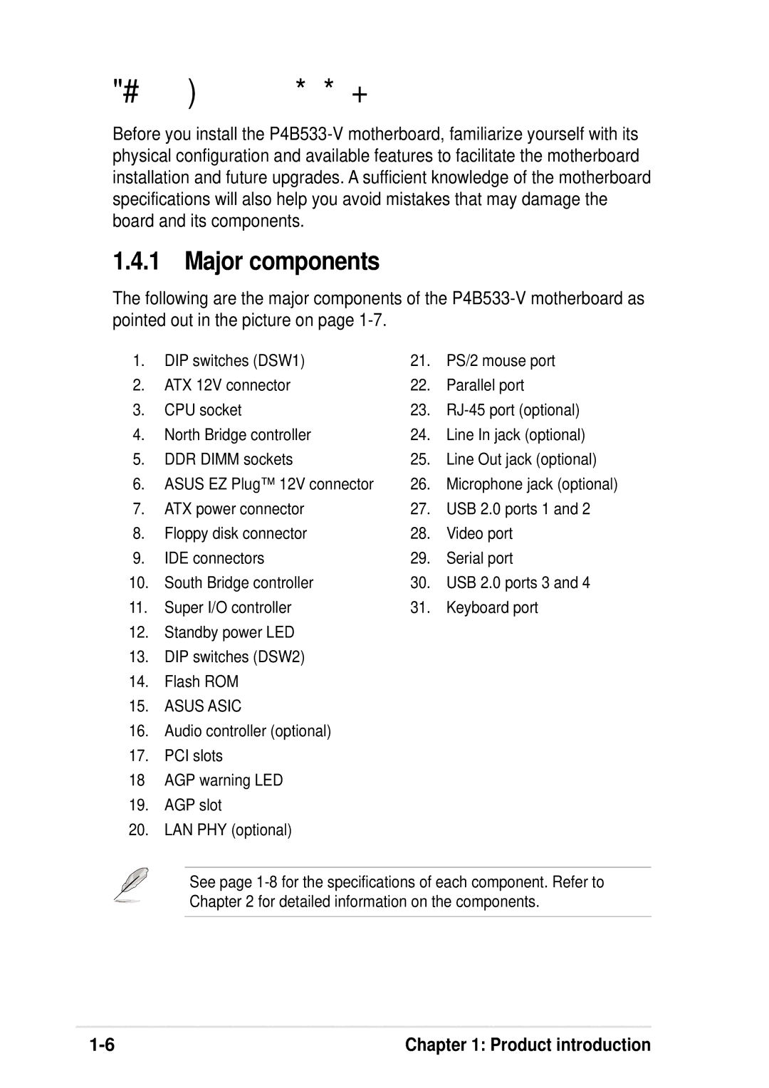 Asus P4B533-V manual Motherboard overview, Major components 