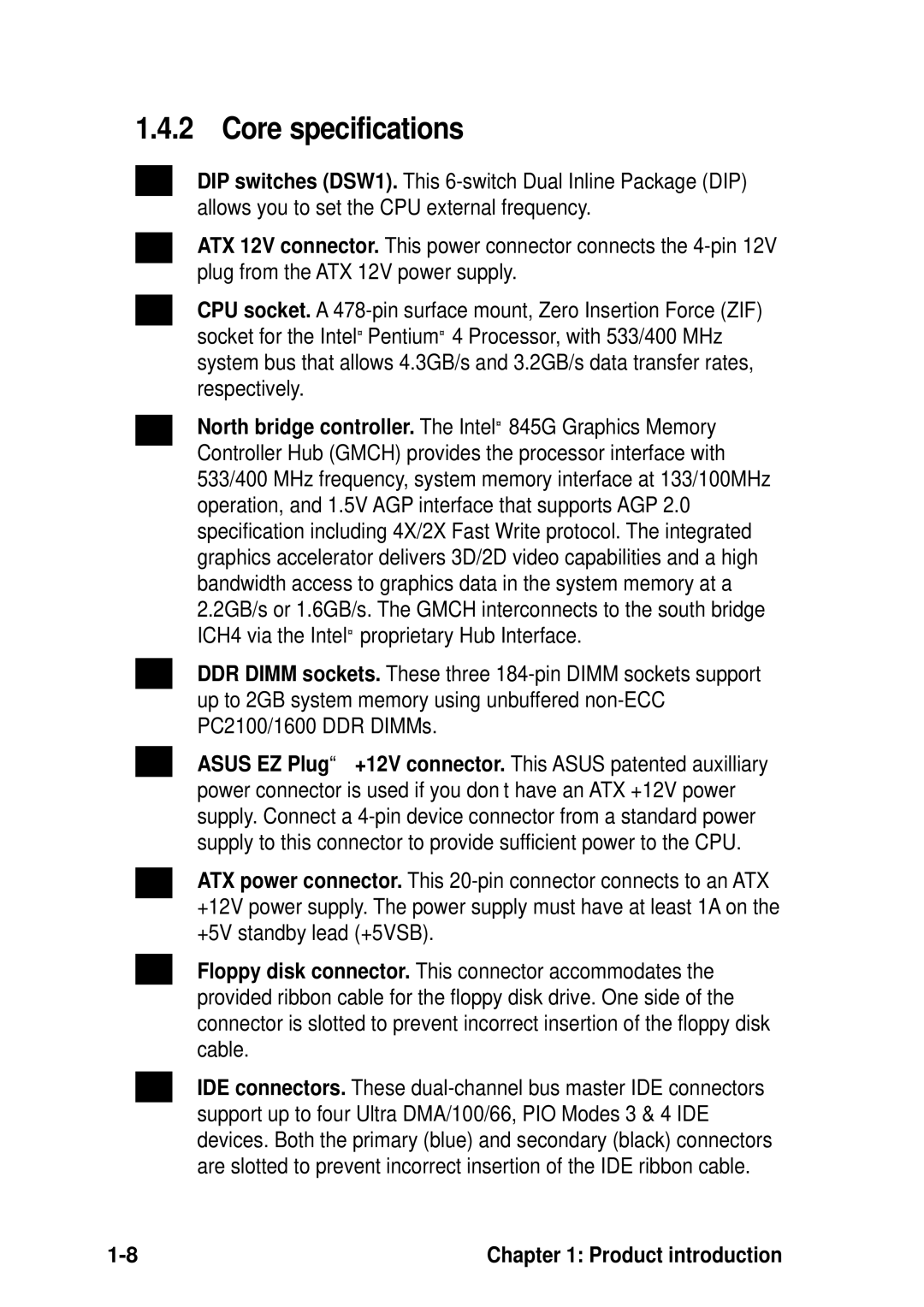 Asus P4B533-V manual Core specifications 